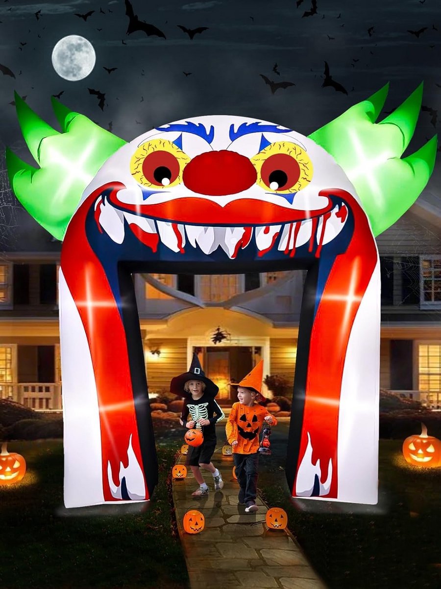 Grote 12Ft Halloween Opblaasbare Clown Boog Met LED-Verlichting – Griezelige Tuin- En Buitendecoratie