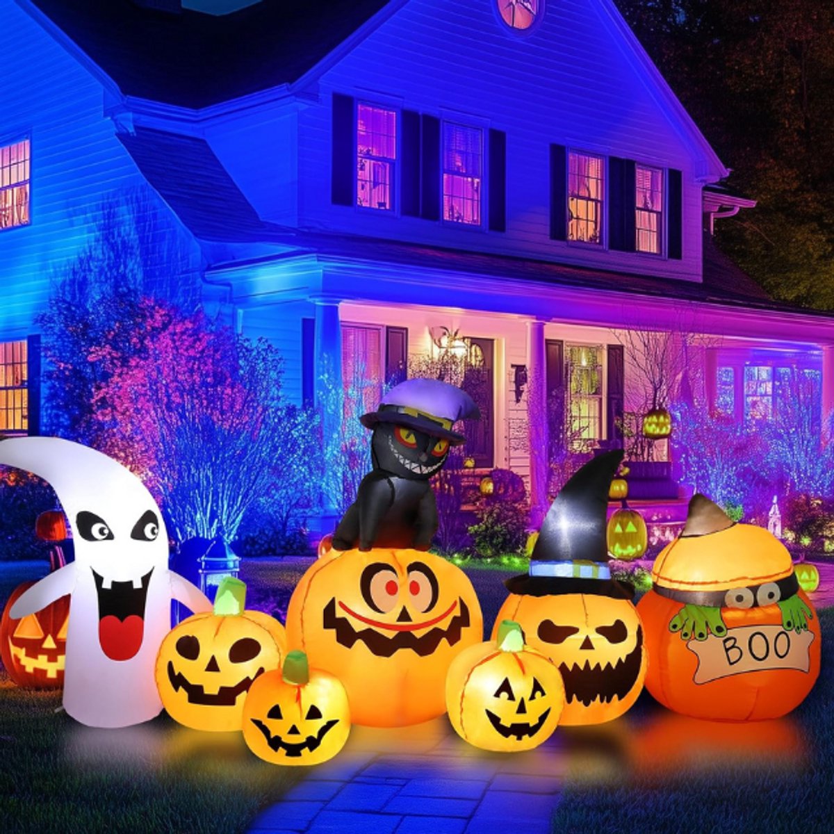 Halloween Opblaasbare Pompoenen Decoratie 2-4 M Lang-Opblaasbare Halloween Decoratie Voor Buiten Met Geest-En Zwarte Kat-Enorme LED-Pompoen Geïntegreerd Voor Feest-Binnen-Buiten-Binnenplaats