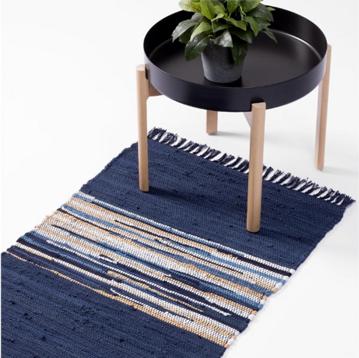 Katoenen Tapijt 60 x 90 Cm - Wasmachinebestendig Vloerkleed Voor Slaapkamer - Woonkamer Of Keuken - Decoratieve Vloerbescherming In Blauw/Wit