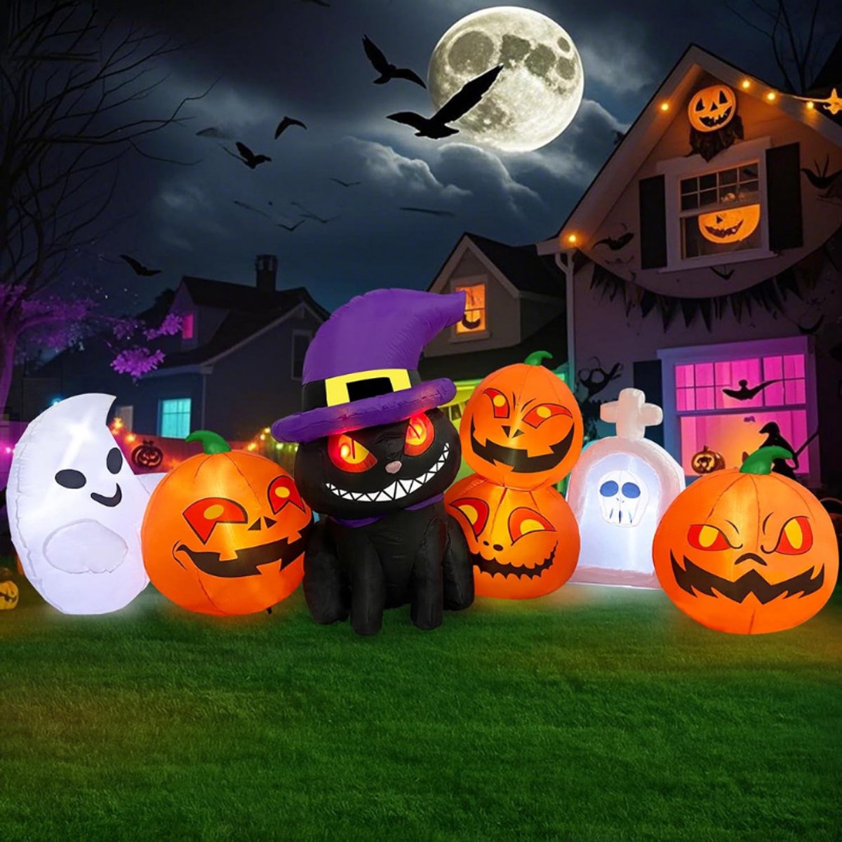 Opblaasbare Pompoenlantaarns En Kat Met Grafsteen - Geest - Halloween-Decoratie - Opblaasbare Figuren - Ingebouwde LED-Verlichting - Voor Binnenplaats - Gazon - Tuin - Feestdag