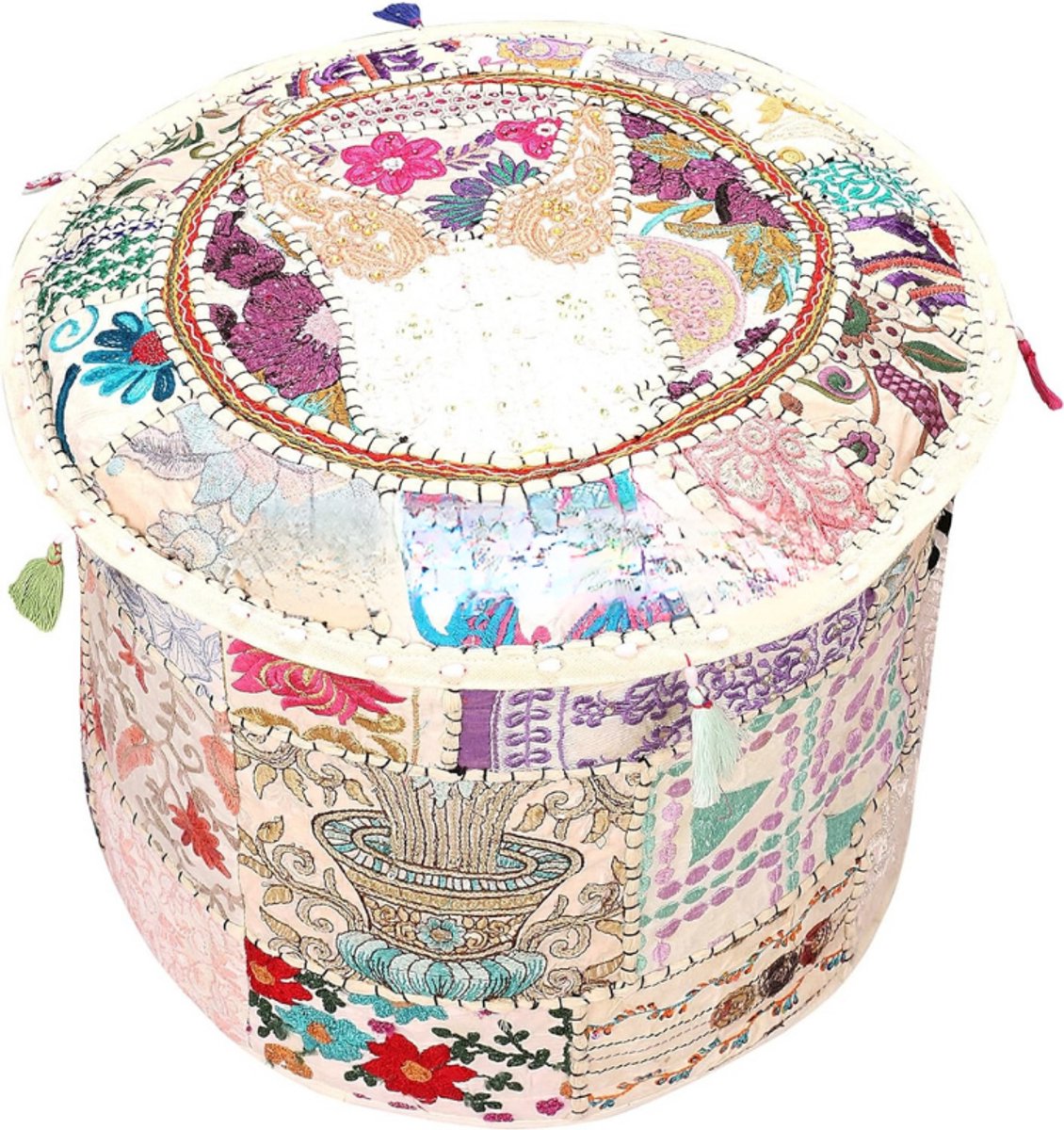 Ottomaanse Poefhoes - Ronde Katoenen Patchwork - Geborduurd - Traditioneel - Wit - 45 Cm - Alleen Hoes