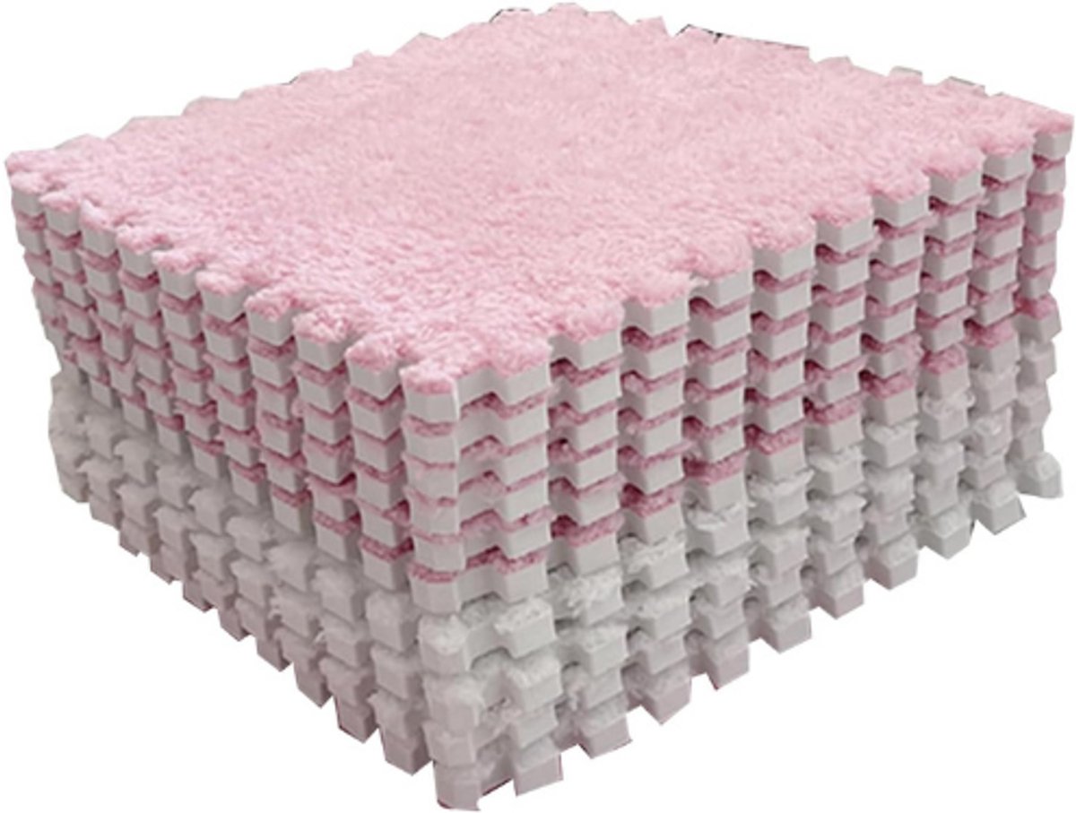 Puzzel Speelmat 10 Stuks - Zachte Foam Matten 30x30 cm - Interlockende Tapijttegels Met Pluche Oppervlak - Comfortabele Speelvloer Voor Slaapkamer Kinderkamer Baby - Roze Wit