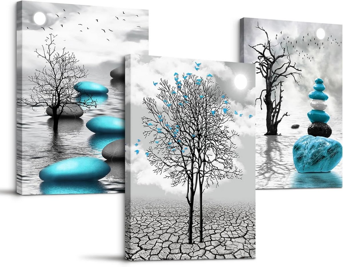 Set Van 3 Moderne Canvas Schilderijen – Turquoise Boom Aan Zee – Abstracte Muurdecoratie Voor Woonkamer - Slaapkamer Of Badkamer