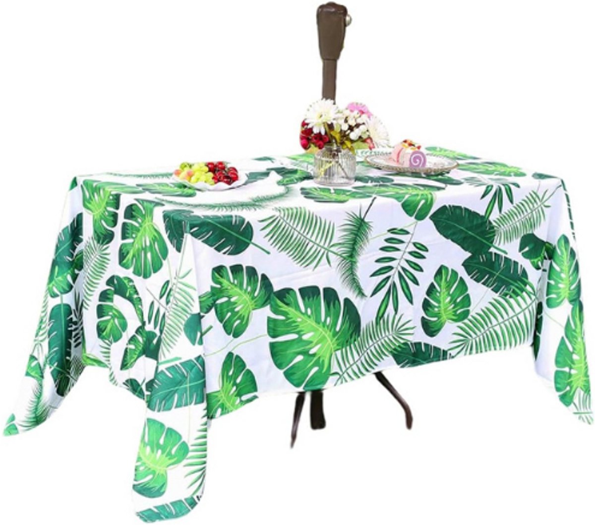 Waterdicht Rechthoekig Tafelkleed Met Parasolgat En Ritssluiting – 152 x 305 cm – Voor Binnen En Buiten – Palmblad Design – Tuin – Terras – BBQ – Feesttafelkleed Met Rits
