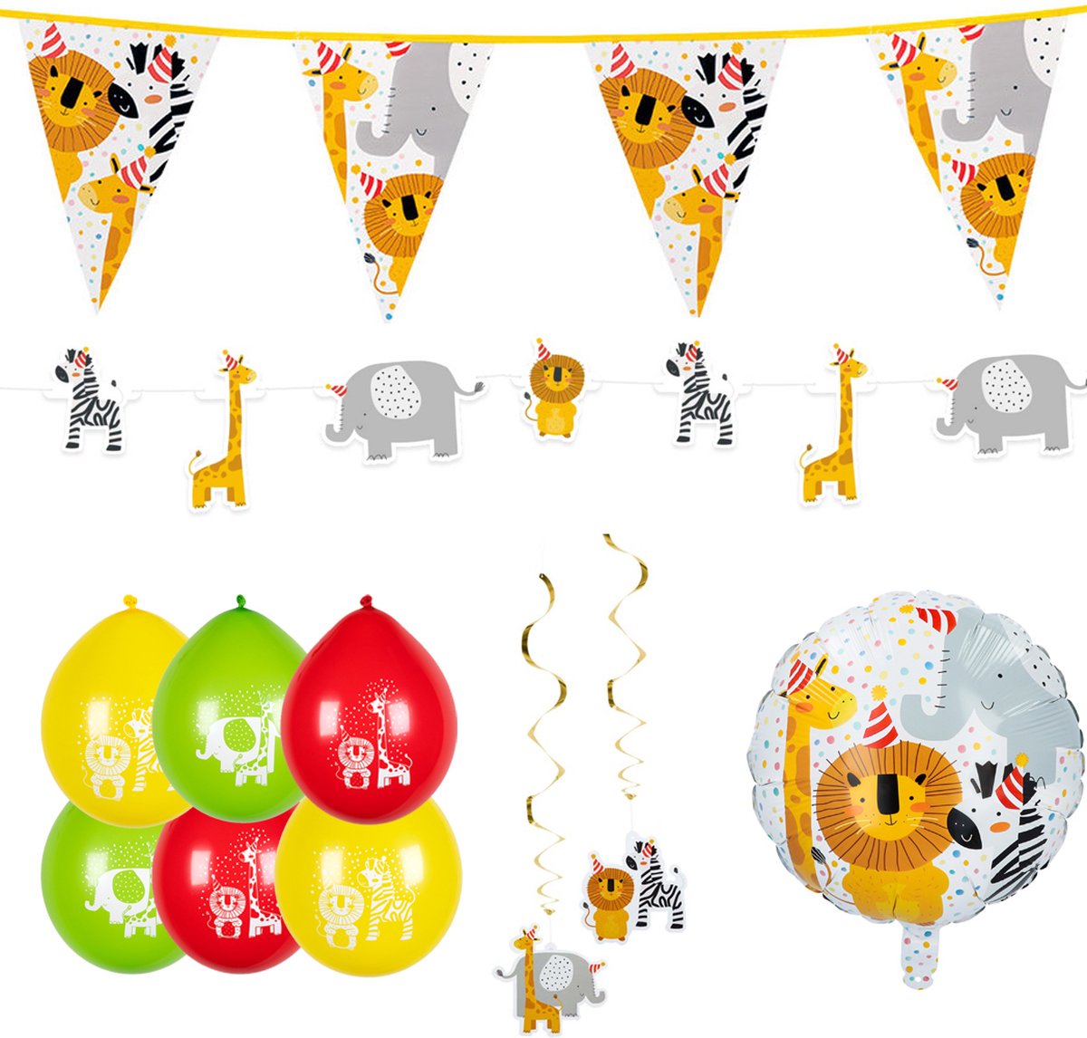 Feestpakket Safari Dieren 11 Stuks - Boland - Vlaggenlijn - Slinger - Ballonnen - Hangdecoratie - Folieballon