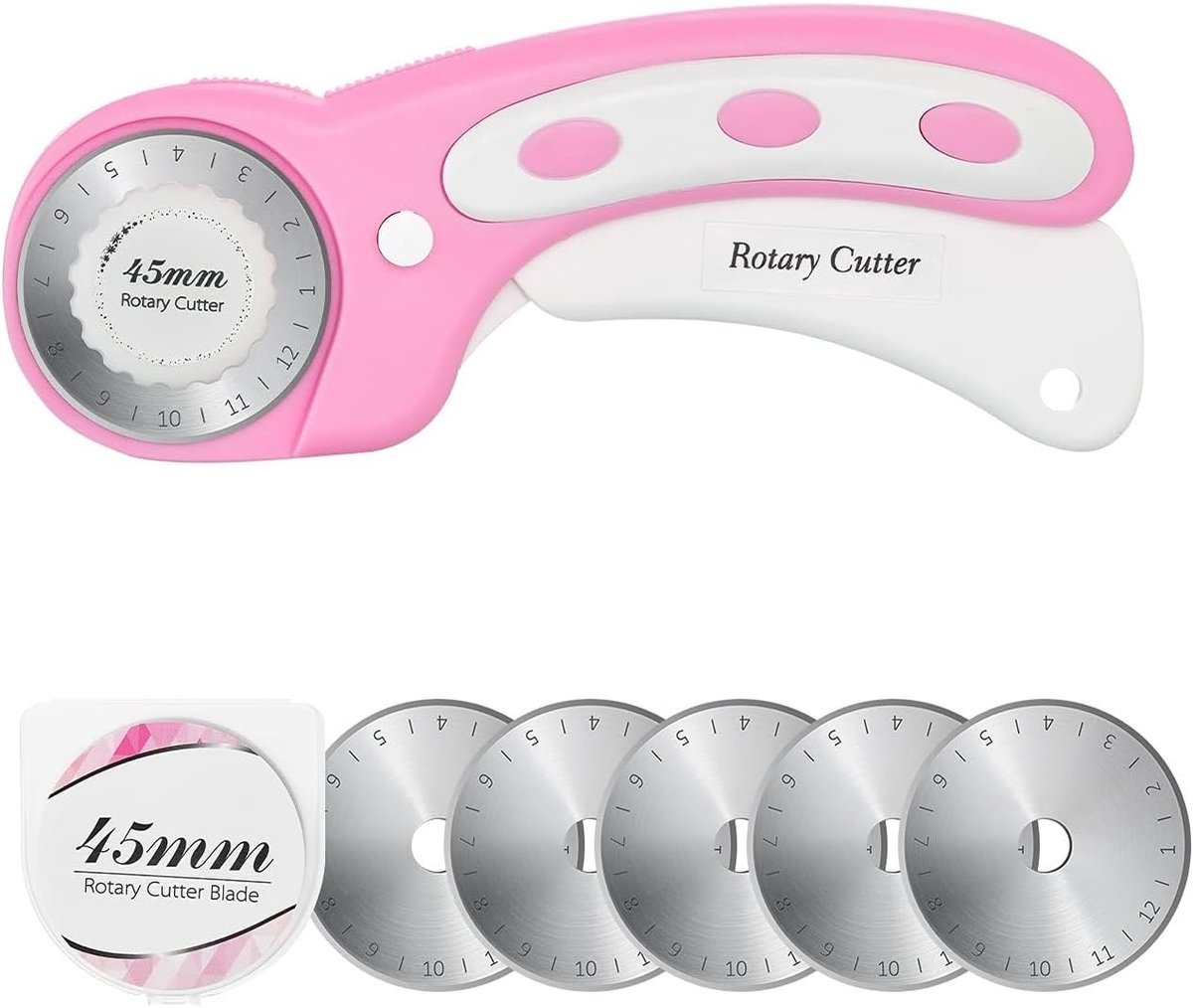 BOTC 45 mm roterende snijder met 5 extra messen - ergonomische handgreep met veiligheidsvergrendeling - roterende snijder voor stoffen - Roze