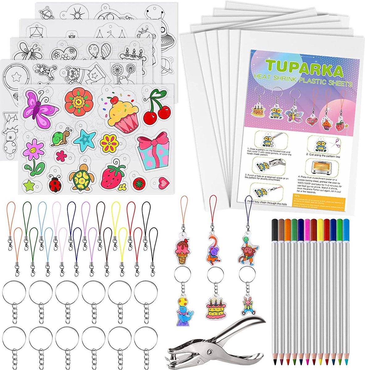 BOTC 60 Delig Krimpie Dinkie Pakket - Krimpfolie Knutselpakket - Inclusief 10 stuks blanco krimpfoliepapier en 5 stuks krimppapier met patroon, perforator, sleutelhangers, potloden voor kinderen