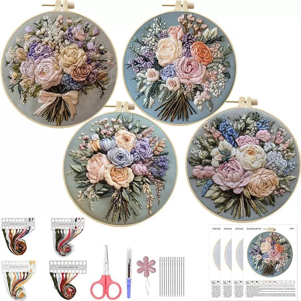 BOTC Borduurpakket - Borduurset van 4 - Borduurpakketten voor Volwassenen - Hobby en Creatief - Borduren - Bloemen