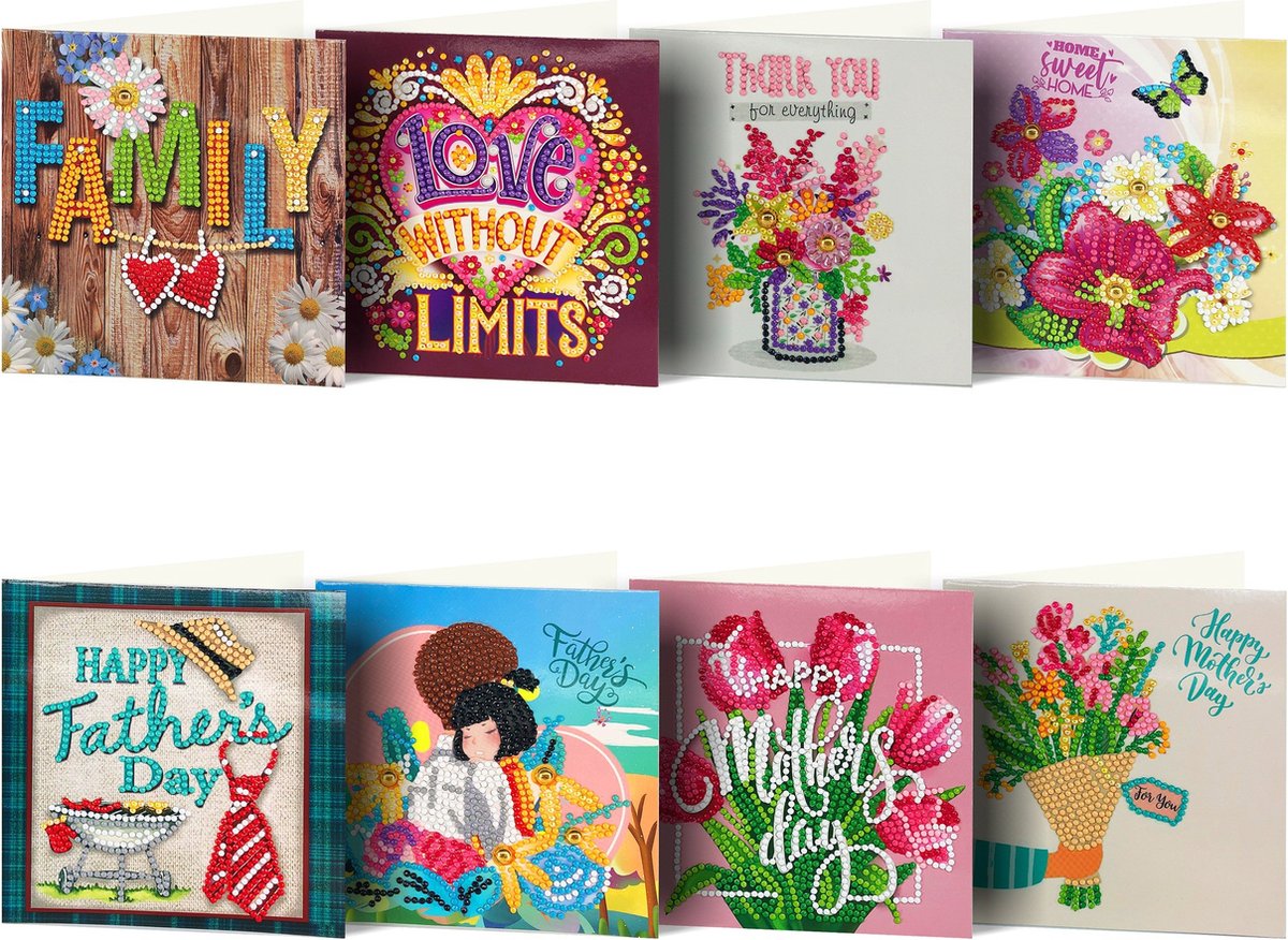 BOTC Diamond Painting Kaarten - 8 Wenskaarten met envelop - 15*15CM - Ronde Steentjes -Diamond painting complete set