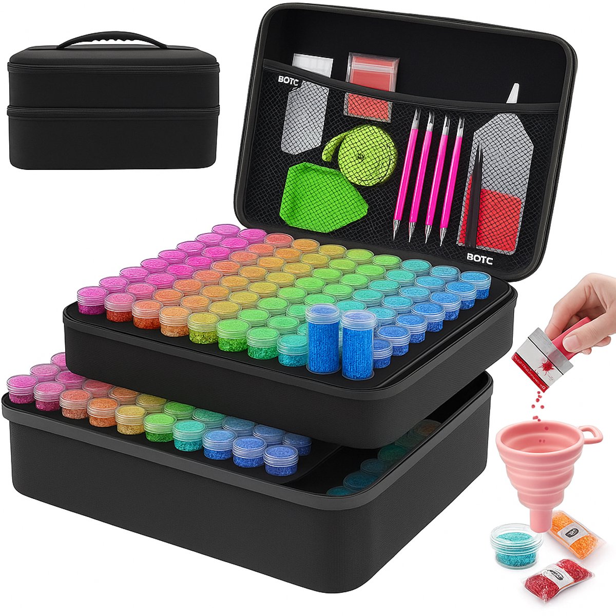 BOTC Diamond Painting Opbergdoos - 240 Potjes - XXL - Sorteerkoffer - Zwart