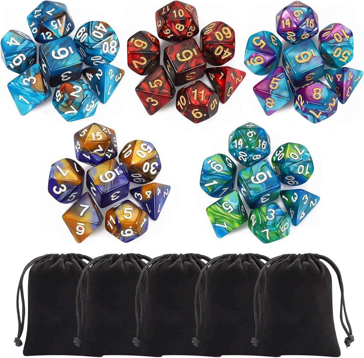 BOTC Dobbelset met zakjes - 5 Set 35 Stuks - Compatibel met Dungeons and Dragons DND RPG MTG Tafelspellen - 5 Complete Dubbele-Kleuren