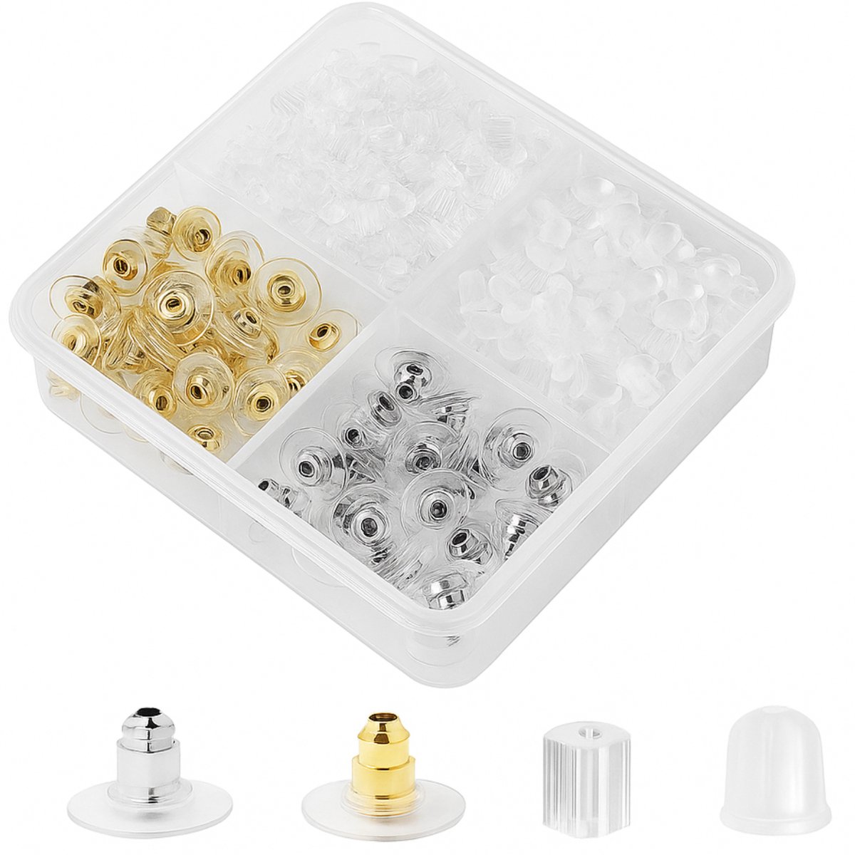 BOTC Silicone Oorbel Achterkantjes - Oorbel Achterkantjes - Bullet Clutch Stoppers - Vervangingskits voor Vis Haak Oorbel Studs Hoops - 4 Stijlen - 610 stuks - Transparant