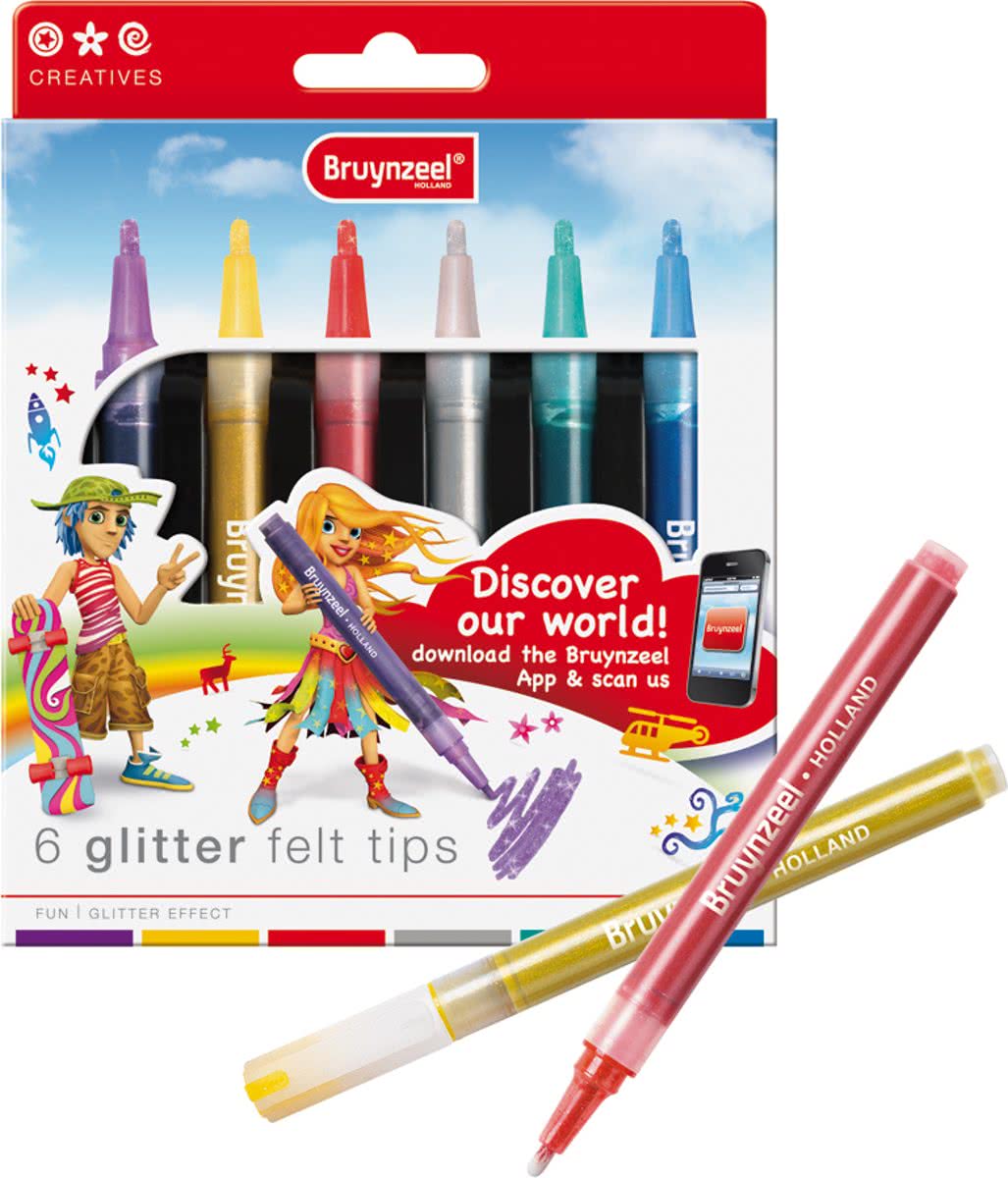 Bruynzeel Glitter Felt Tips - Viltstiften - Glitter stiften - 6 stuks