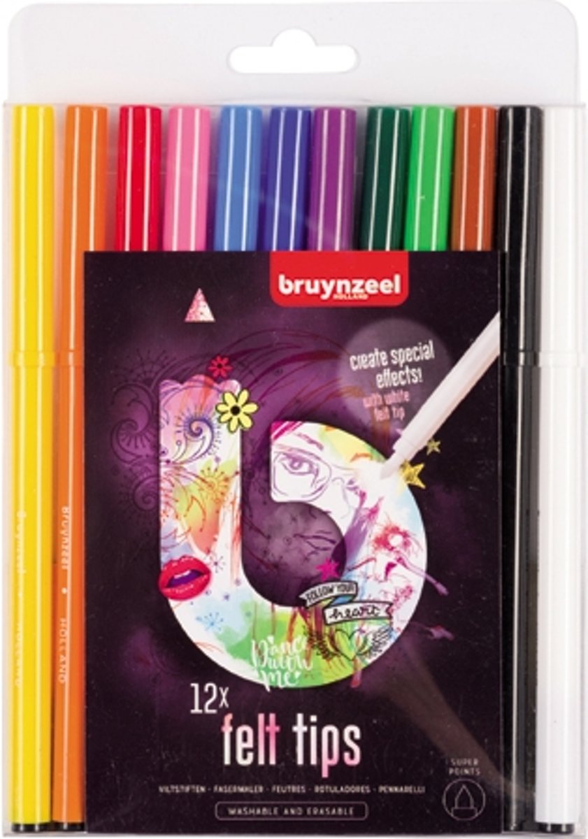 Teens 12 super viltstiften - met witte wis-stift