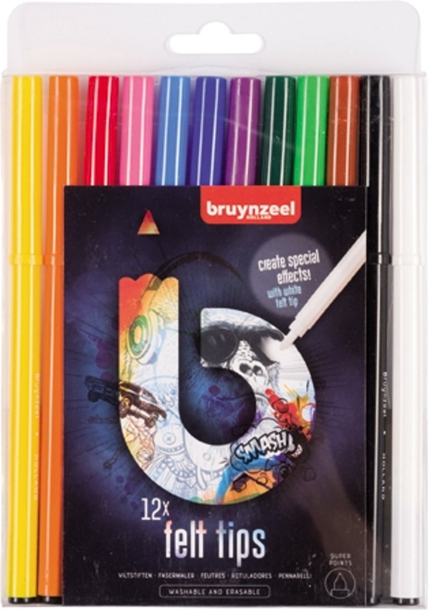 Teens 12 super viltstiften - met witte wis-stift