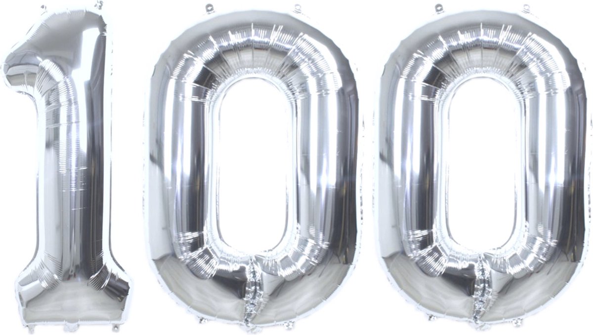 Folie Ballon Cijfer 100 Jaar Zilver Verjaardag Versiering Helium Cijfer Ballonnen Feest versiering Met Rietje - 86Cm