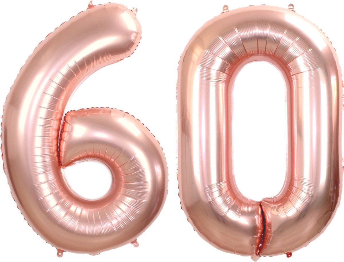 Folie Ballon Cijfer 60 Jaar Rose goud Verjaardag Versiering Helium Cijfer Ballonnen Feest versiering Met Rietje - 86Cm