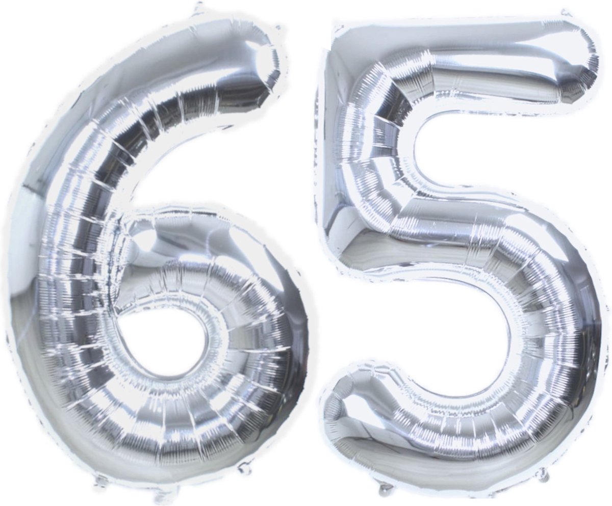 Folie Ballon Cijfer 65 Jaar Zilver Verjaardag Versiering Helium Cijfer Ballonnen Feest versiering Met Rietje - 86Cm