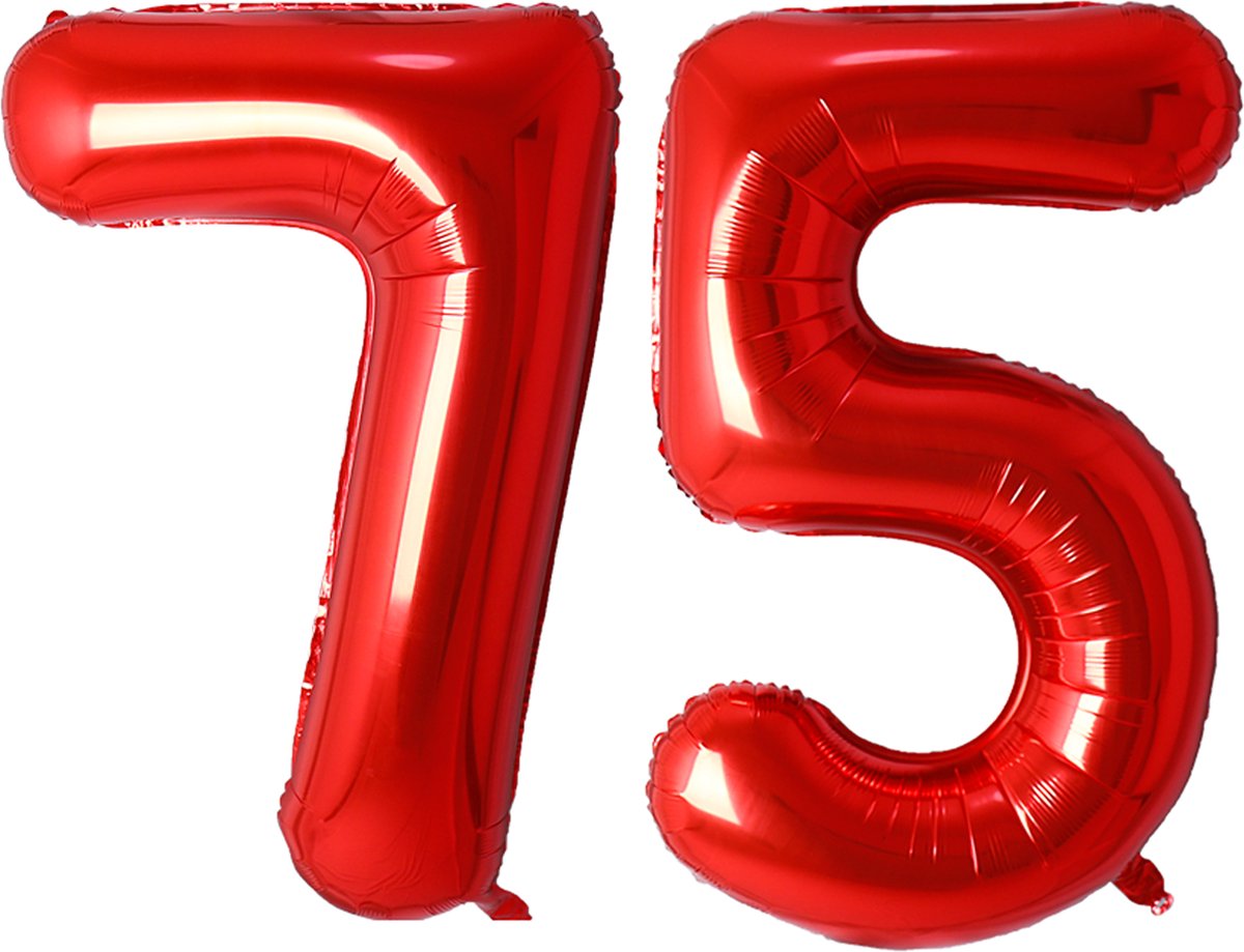 Folie Ballon Cijfer 75 Jaar Rood Verjaardag Versiering Helium Cijfer Ballonnen Feest versiering Met Rietje - 86Cm