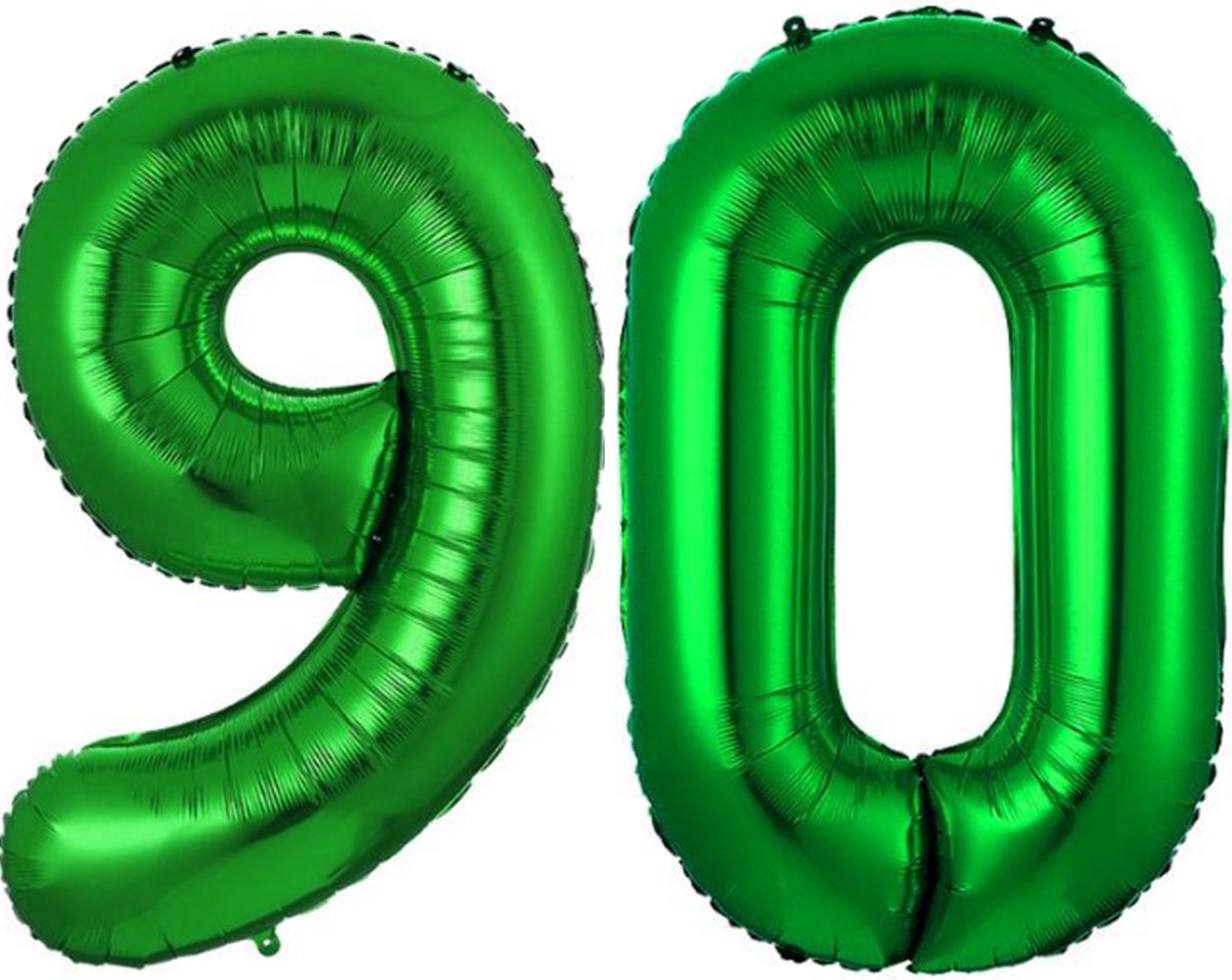 Folie Ballon Cijfer 90 Jaar Groen Verjaardag Versiering Helium Cijfer Ballonnen Feest versiering Met Rietje - 86Cm