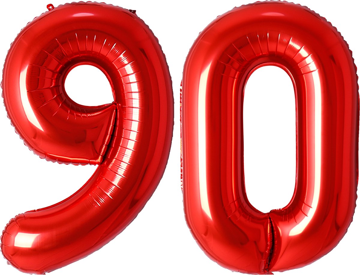 Folie Ballon Cijfer 90 Jaar Rood Verjaardag Versiering Helium Cijfer Ballonnen Feest versiering Met Rietje - 86Cm