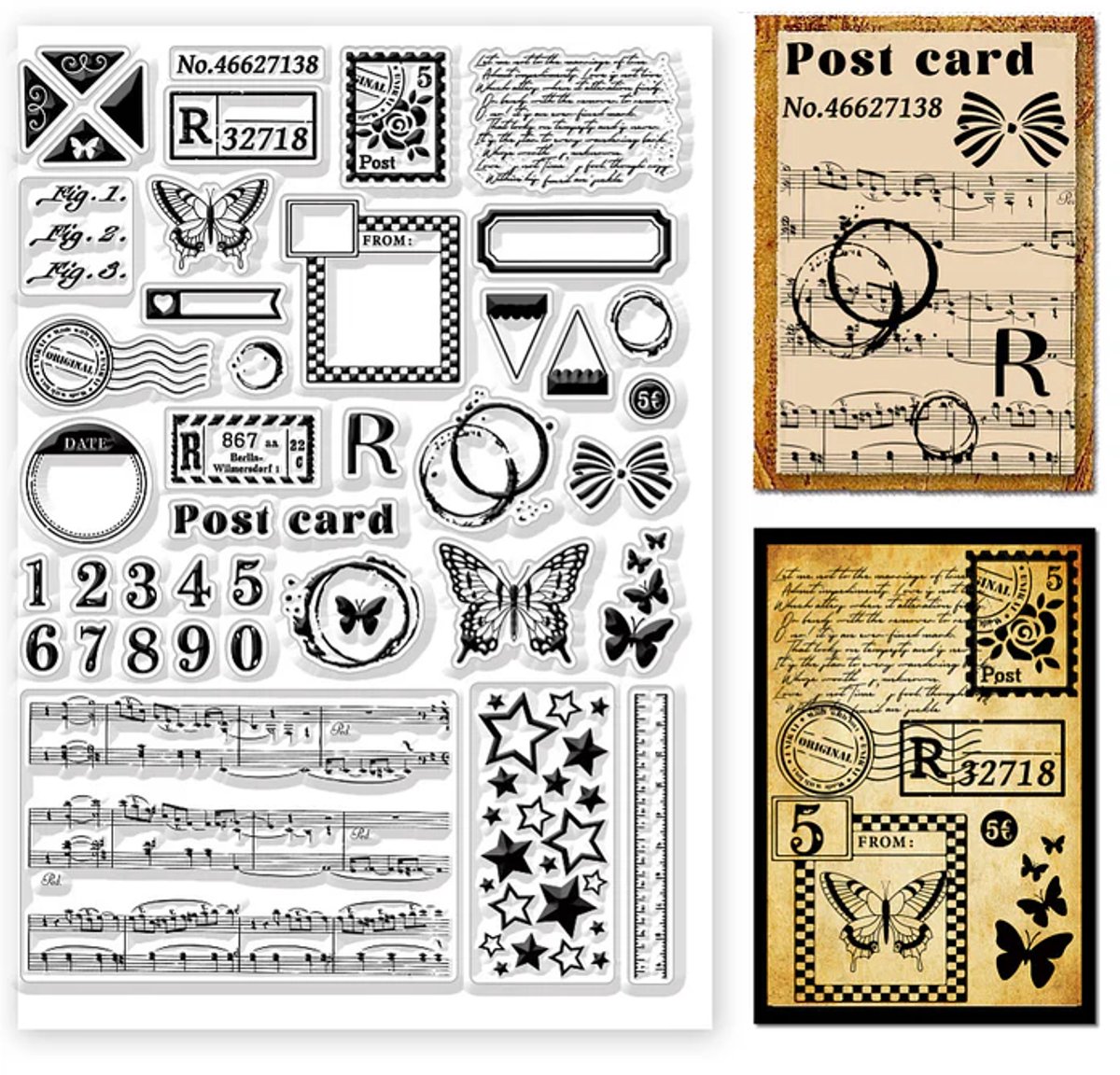 BaBaBa – A4 Clearstempelset Vintage Postkaart – Luchtpost, Muzieknoten & Vlinders – Scrapbooking & Journaling