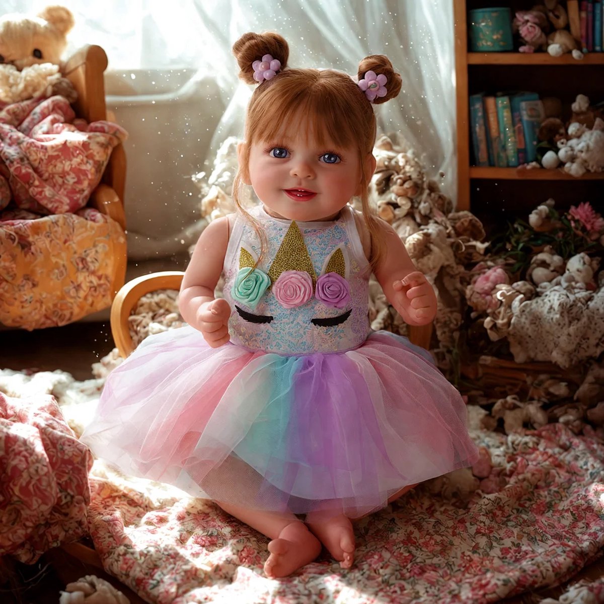 Babeside Reborn Baby Pop - Demi - 50 cm - Soft vinyl - Eenhoorn Outfit - Jurk, tutu, broekje, luier, fles, speen, rammelaar - In geschenkdoos