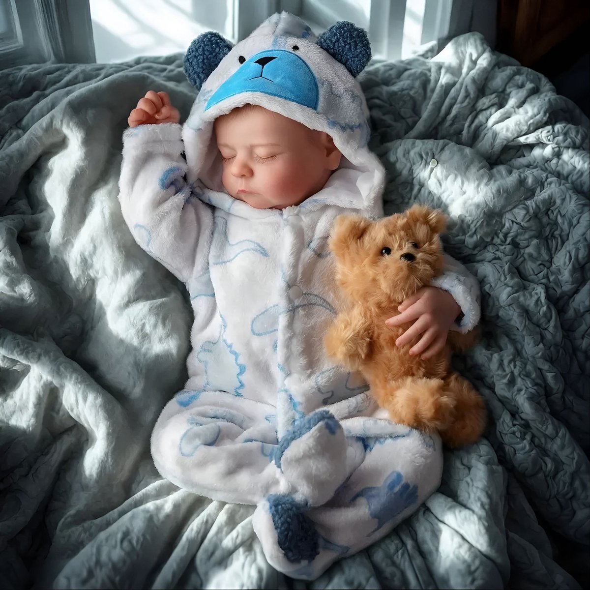 Reborn baby pop Nick - 50 cm - Soft vinyl - Blauwe Dino en Beer Outfit - Onesie, luier, fles, speen, rammelaar - In geschenkdoos