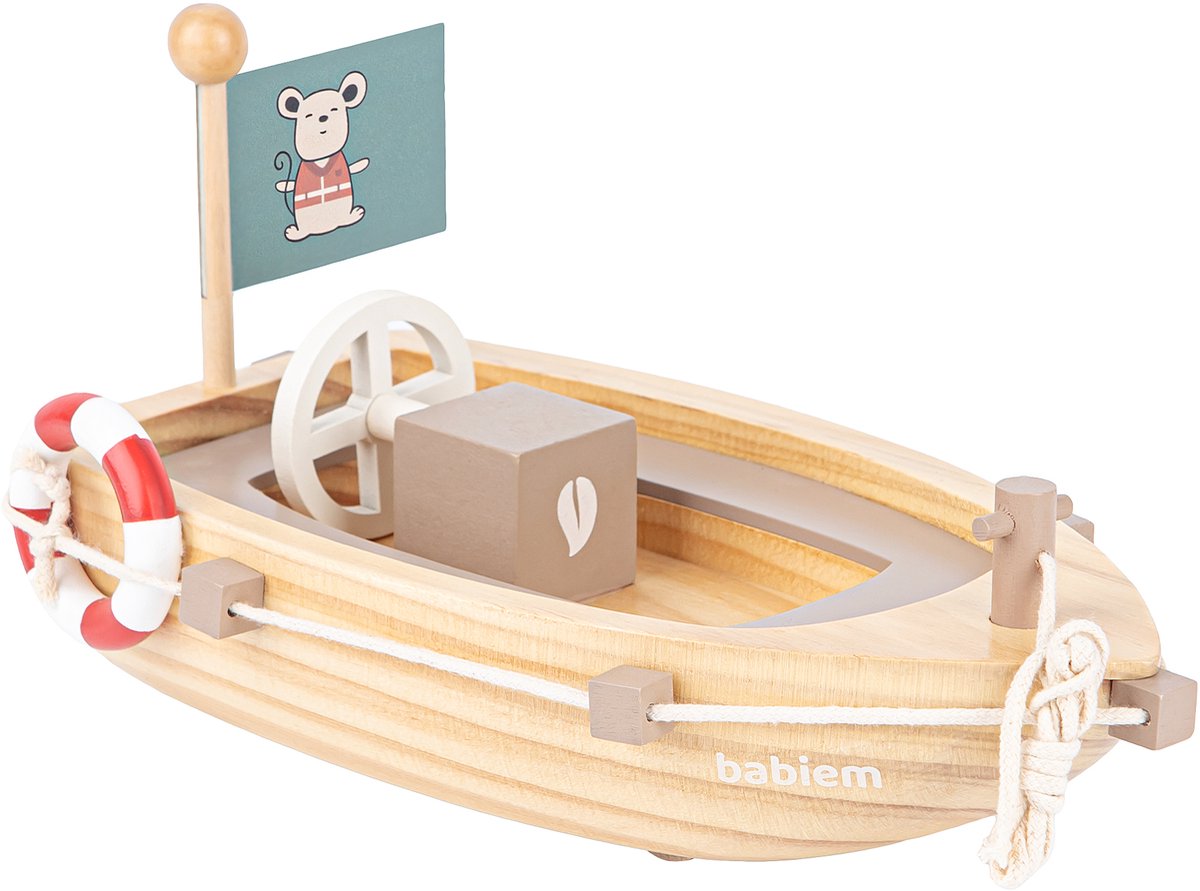 Babiem® Xavier – Trekdier Boot – Speelgoed Met Trekkoord – Houten Speelgoed – Speelgoed 1 Jaar – Verwisselbare Vlaggen – met Wieltjes – FSC – Hout