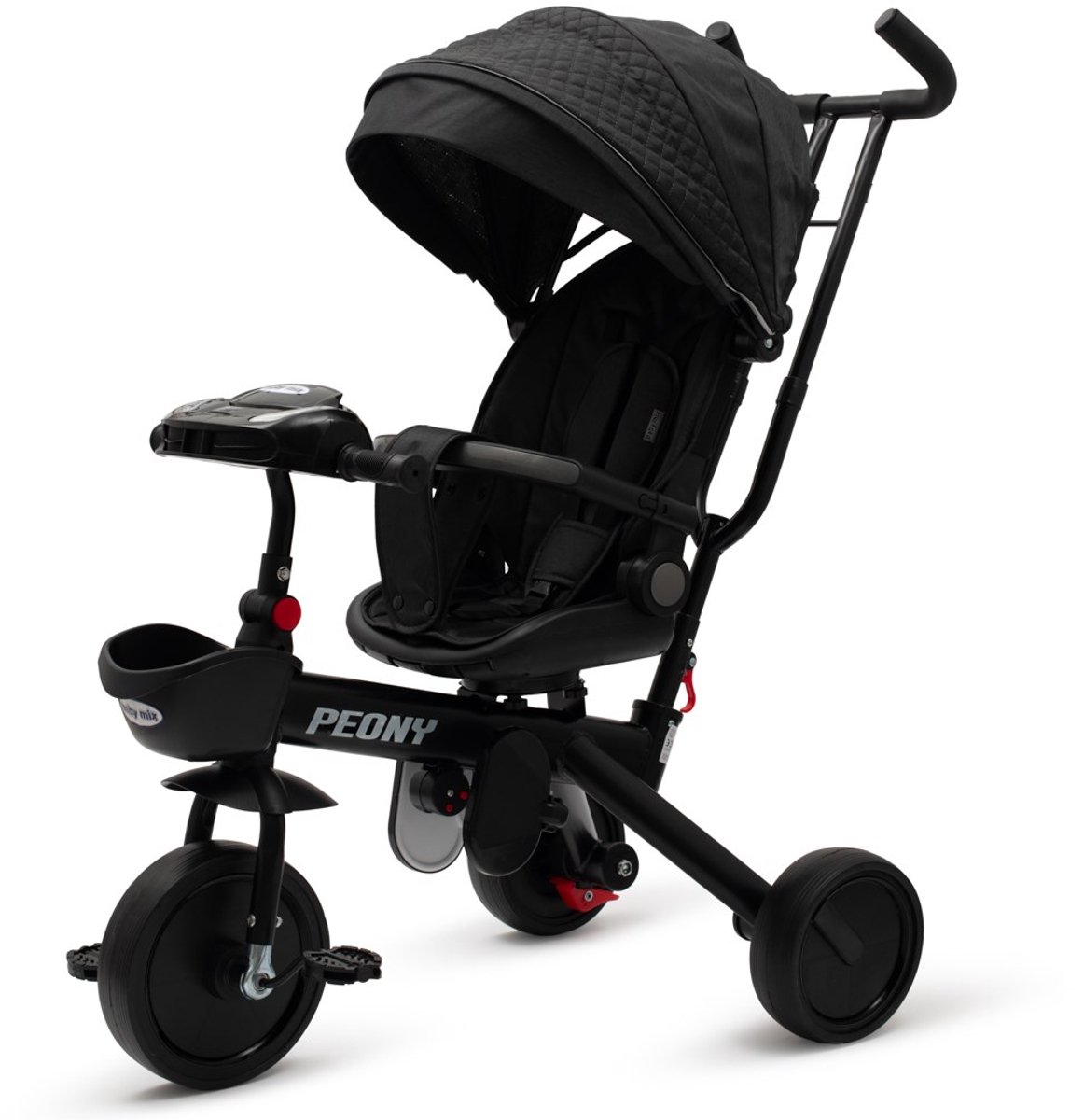   -   - Comfortabele zitting met rugleuning - Ergonomische duwstang - Uitklapbaar zonnescherm - Zwart - Peony - EVA - Stabiliteit - Pedalen - Accessoirebakje - Duurzaam