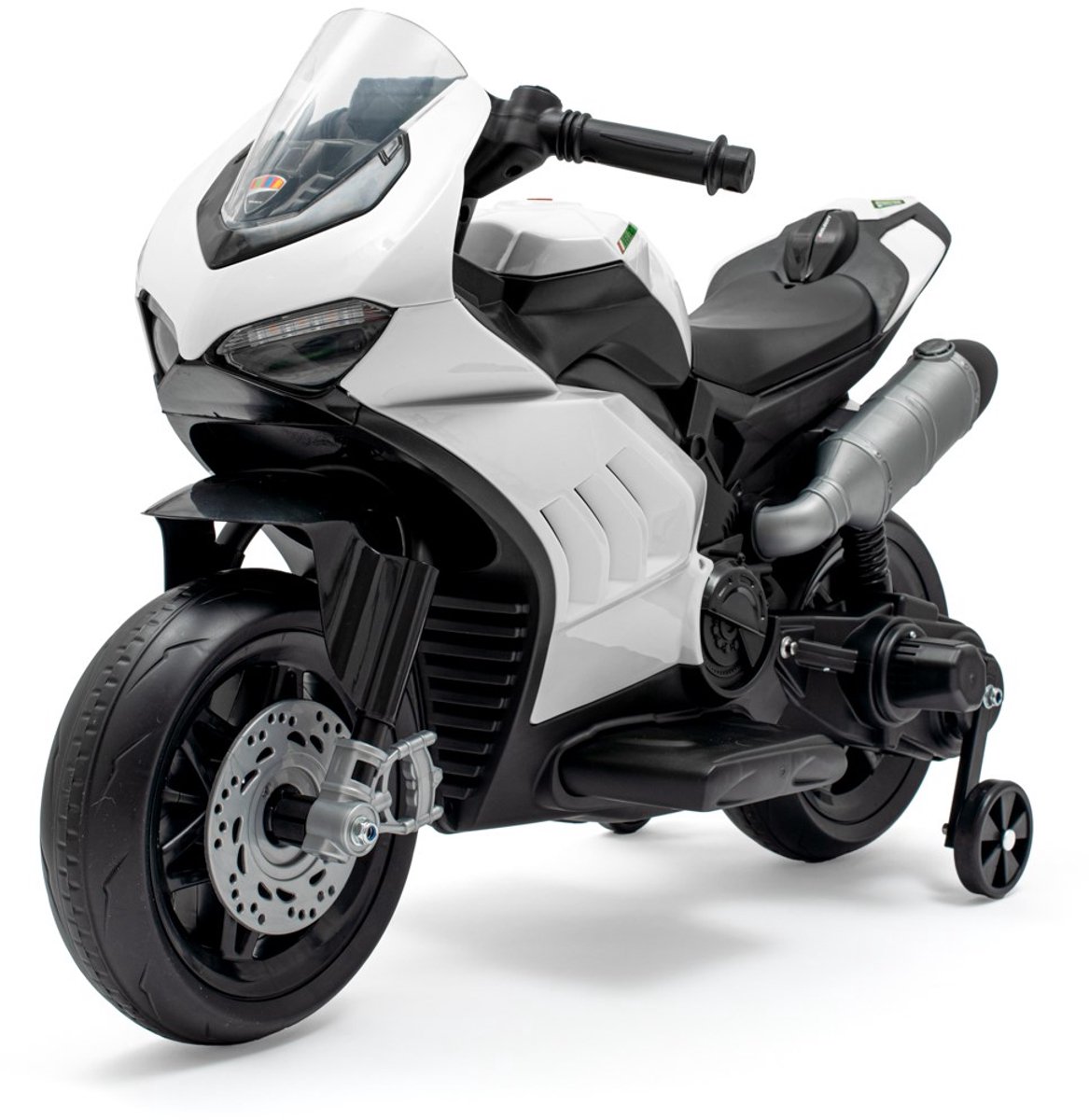   - Elektrische motorfiets - Wit met zwarte en zilveren accenten - Met steunwielen - Speelgoed motorfiets voor kinderen - Kindermotor - Speelgoed motor - Kinderspeelgoed - Sportmotor
