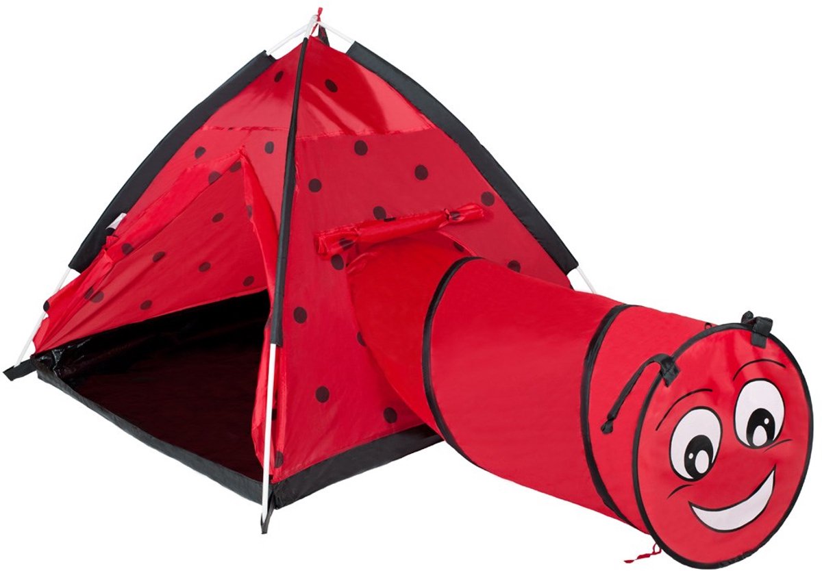 Baby Mix - Kindertent - Lieveheersbeestje - Rood met Tunnel - Vrolijk Ontwerp - Peuterspeelgoed - Kinderactiviteit - Speeltent - Kruiptunnel - Creatief Spel - Buiten spelen
