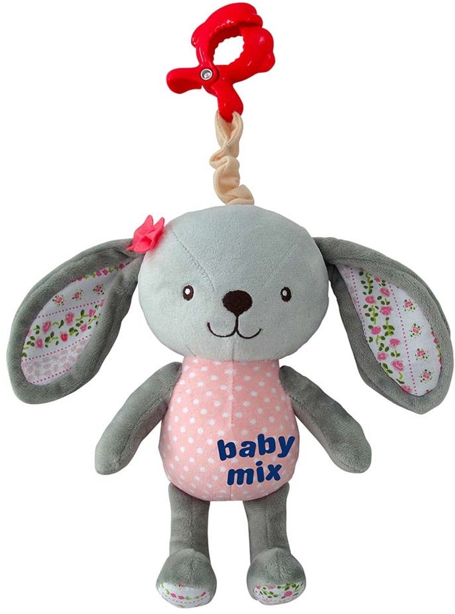 Baby Mix - Knuffel - Grijs Konijn - Zachtroze Buik met Witte Stippen - Clip voor Bevestiging - Speelgoed voor Kinderen - Pluche Dier - Kinderspeelgoed - Baby Knuffel - Knuffelkonijn