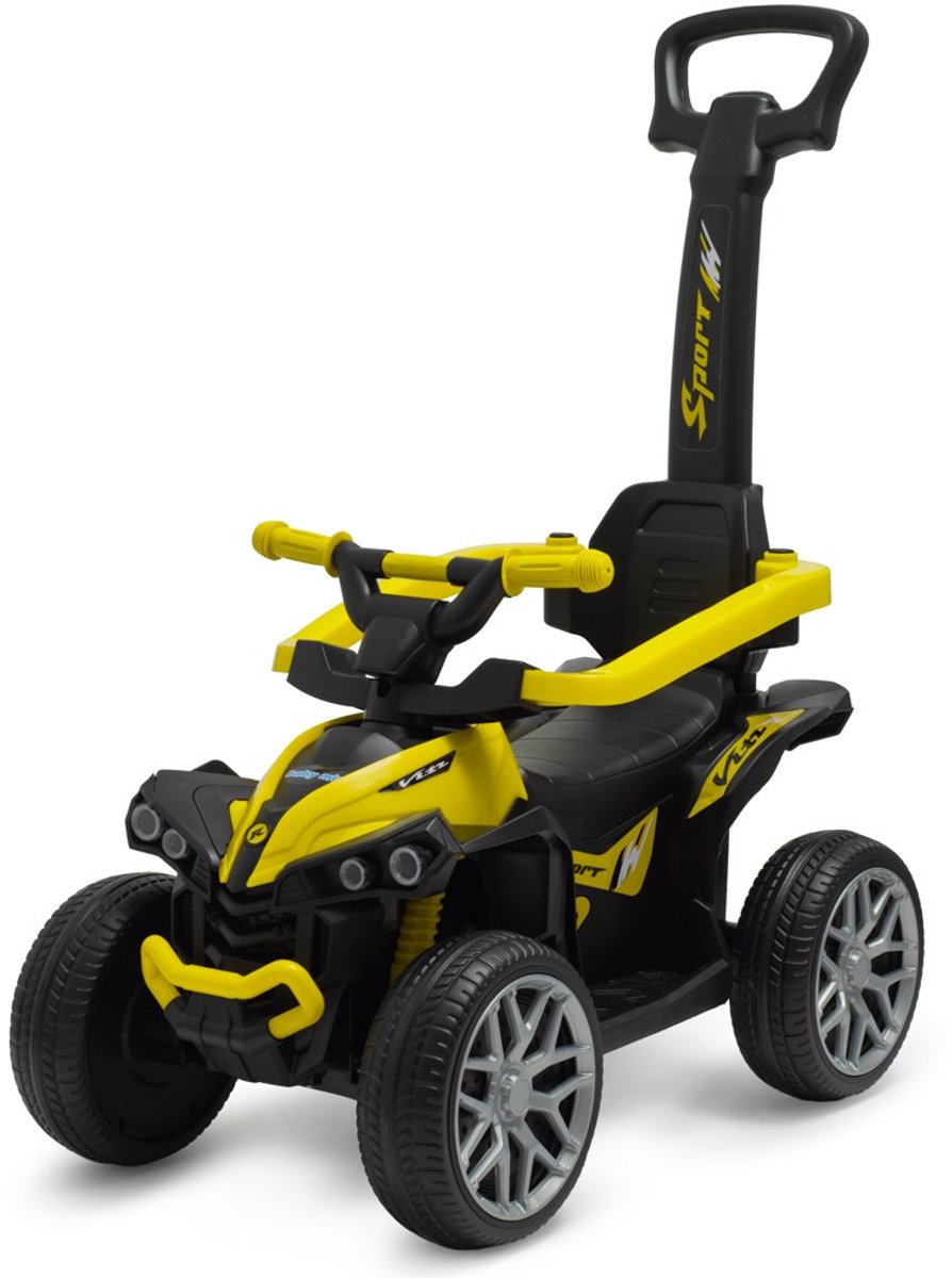   -   - kleine quad - geel met zwarte accenten - sportieve stickers - comfortabel zitje - peuterauto - kinderstep - duwstang - leren lopen - balans ontwikkelen