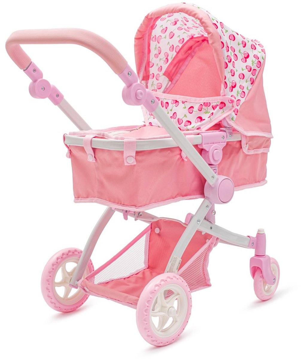 Baby Mix - Poppenwagen - Roze - 2-in-1 - Verstelbare kap - Speelgoed kinderwagen - Duwstang - Kersenpatroon - Opbergmand - Rollenspel