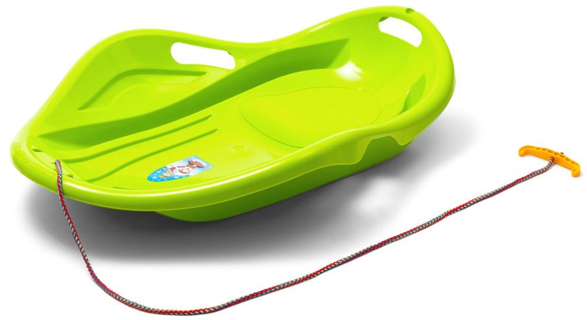 Baby Mix - Slee - Felgroen - Glanzend ontwerp - Handvatten en trekkoord - Comfortabel zitgedeelte - Sneeuwplezier - Sledding - Kunststof slee - Winteraccessoires - Kinderslee