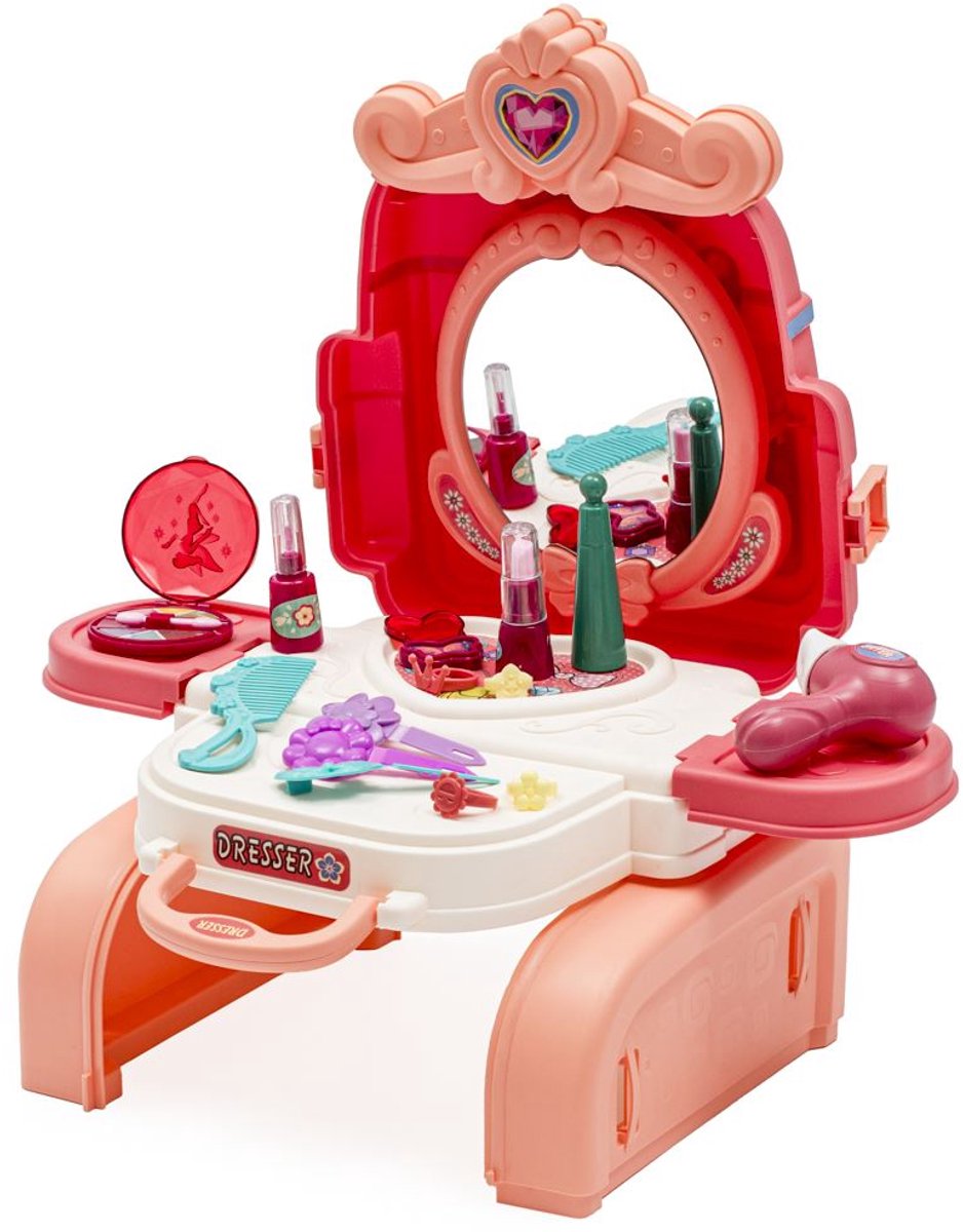 Baby Mix - Speelgoed kaptafel - Roze en Rode uitvoering - Met spiegel en accessoires - Draagbare schoonheidssalon - Maak plezier - Rollenspel - Speelmake-up - Kinderspeelgoed - Meisjes speelgoed