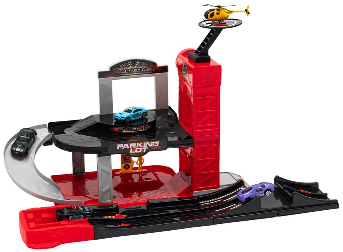  - Speelgoedset - Driedimensionale parkeergarage - Meerdere niveaus met racebaan - Inclusief voertuigen - Interactief racen - Kinderspeelgoed - Speelgoedgarage - Racecircuit met helling