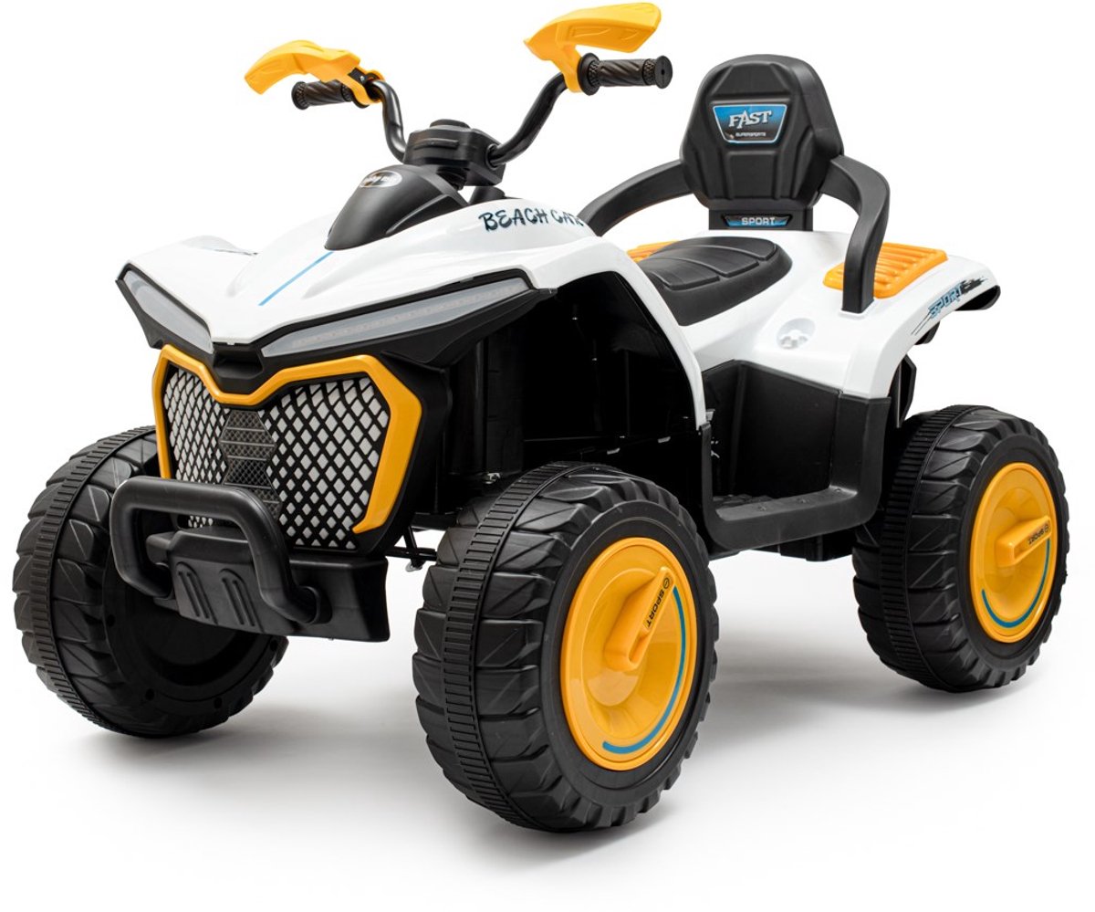   - Strong - Kinderquad - Beach Car - Elektrisch - Wit zwart oranje - Avontuurlijke speeltijd - Off-road voertuig - Veiligheidsfeatures - Stoer ontwerp - Comfortabele stoel