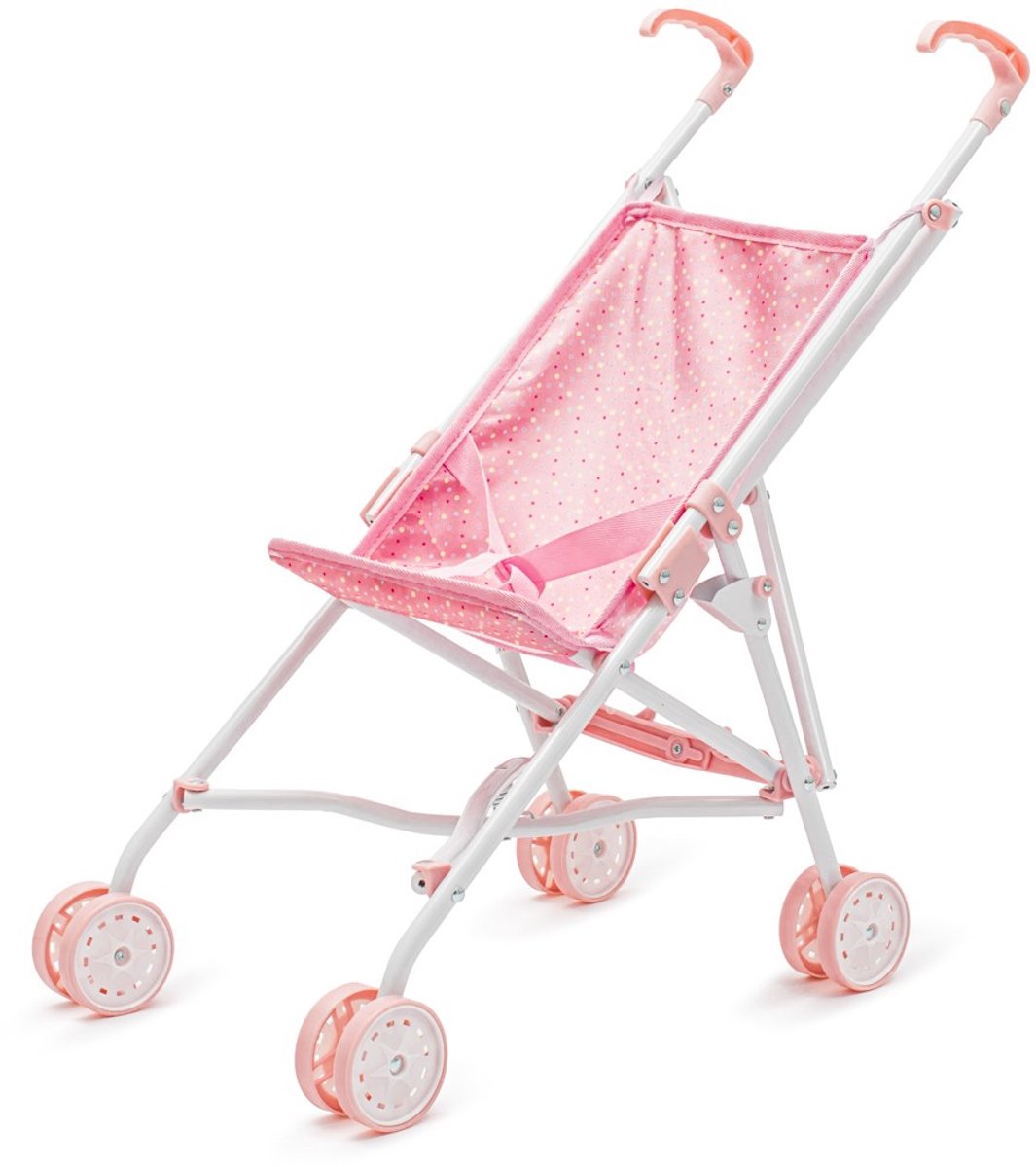 Baby Mix - Vouwbare poppenbuggy - Lichtgewicht - Roze met stippen - Veiligheidsgordel - Stabiliteit met dubbele wielen - Speelgoed - Kinderwagen - Poppenwagen - Buggy - Speelgoedbuggy