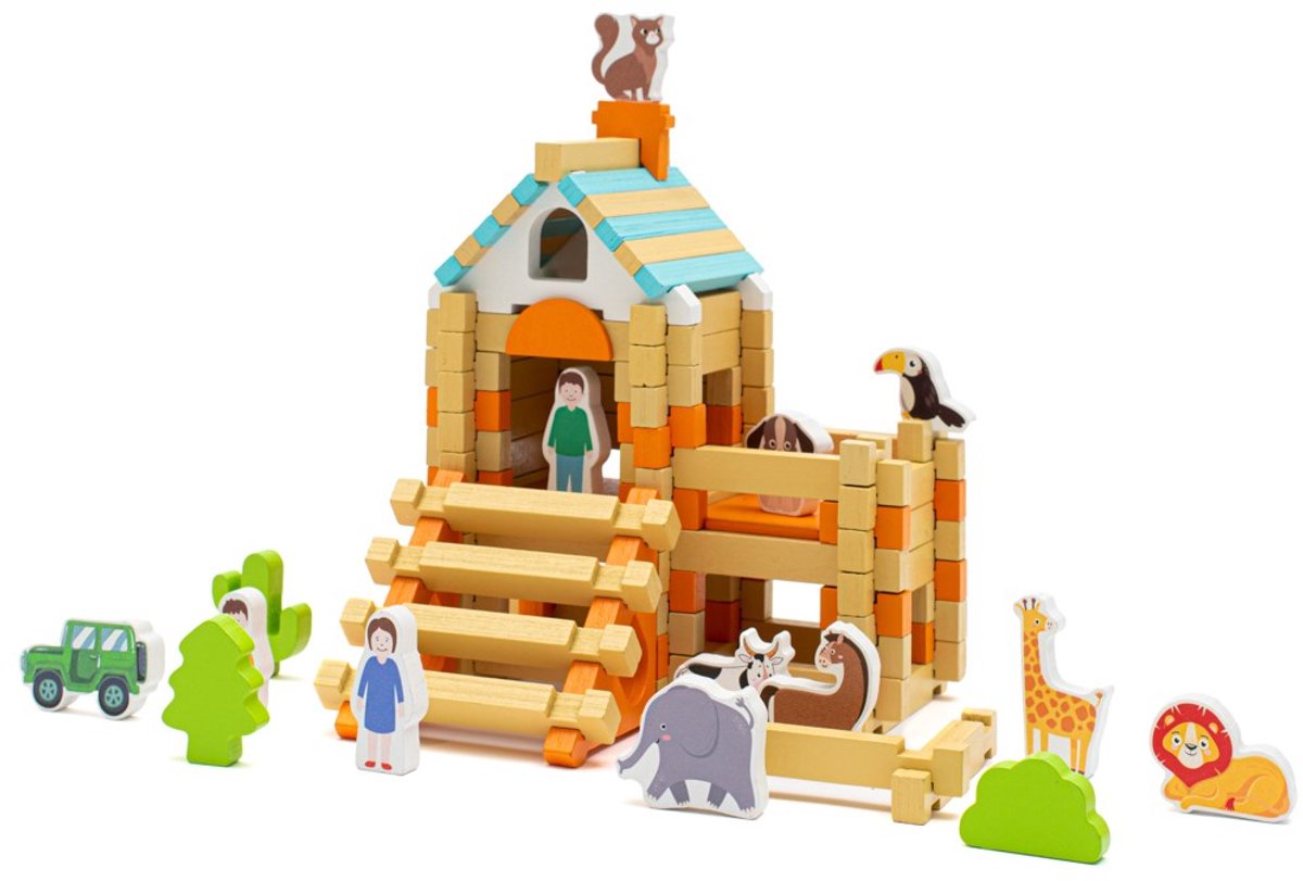 Baby Mix - Wooden Toys - Houten Bouwset - Kleurrijk Dierenhuis - Montessori Blokken Set - Speelgoedauto en Dieren inbegrepen - Creatieve Speelervaring voor Kinderen - Speelplank en Blokken