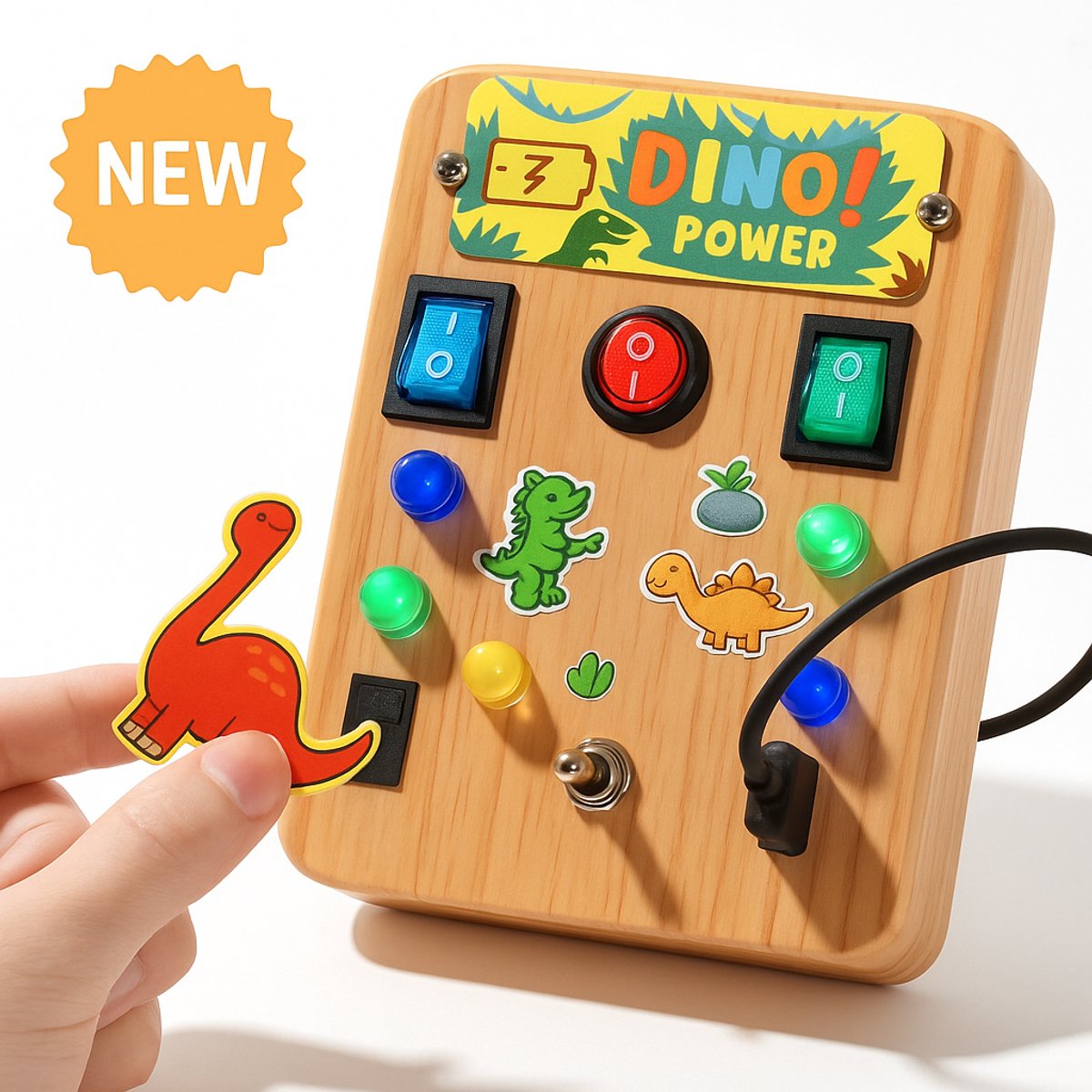 Houten Montessori Busy Board met LED Lampjes & Schakelaars – Educatief Speelgoed vanaf 1 2 3 4 Jaar – Stimuleert Creativiteit & Motoriek – Speelgoed Jongen - Speelgoed - Perfect Cadeau voor Sinterklaas & Kerst – Dino Power -