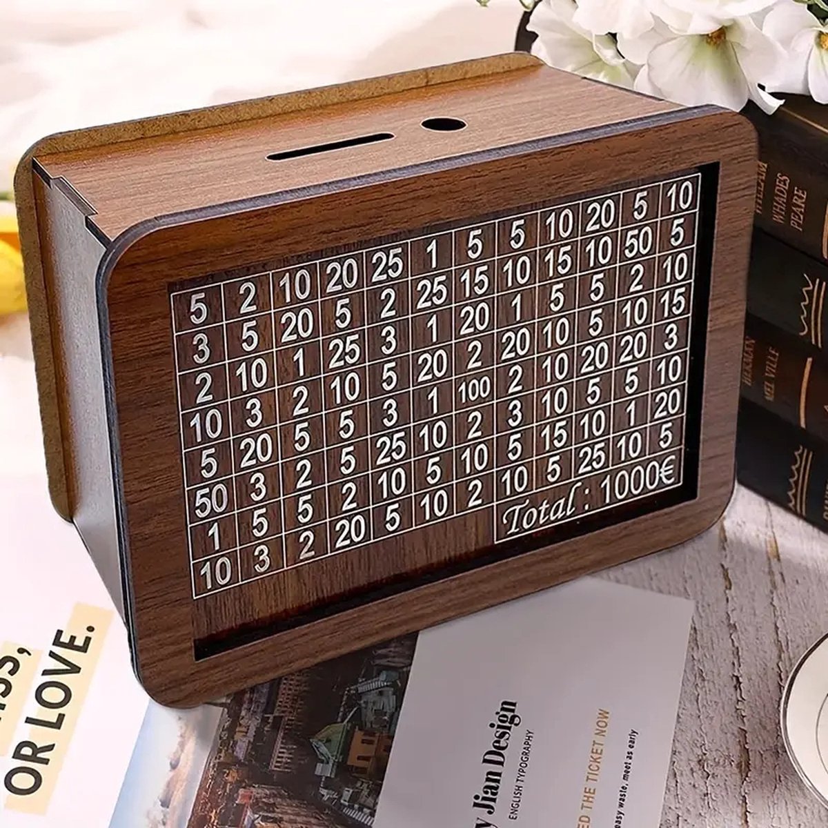 Houten Spaar Doos - Spaarpot - Spaarpotten - Spaarpot Volwassen - Doel €1000,- Sparen - Herbruikbaar - Spaarpot Kind - Geld - Cadeau - Cadeau Voor Man - Sinterklaas - Sinterklaas Cadeautjes - Cadeau Voor Vrouw - Cadeau Voor Kind -