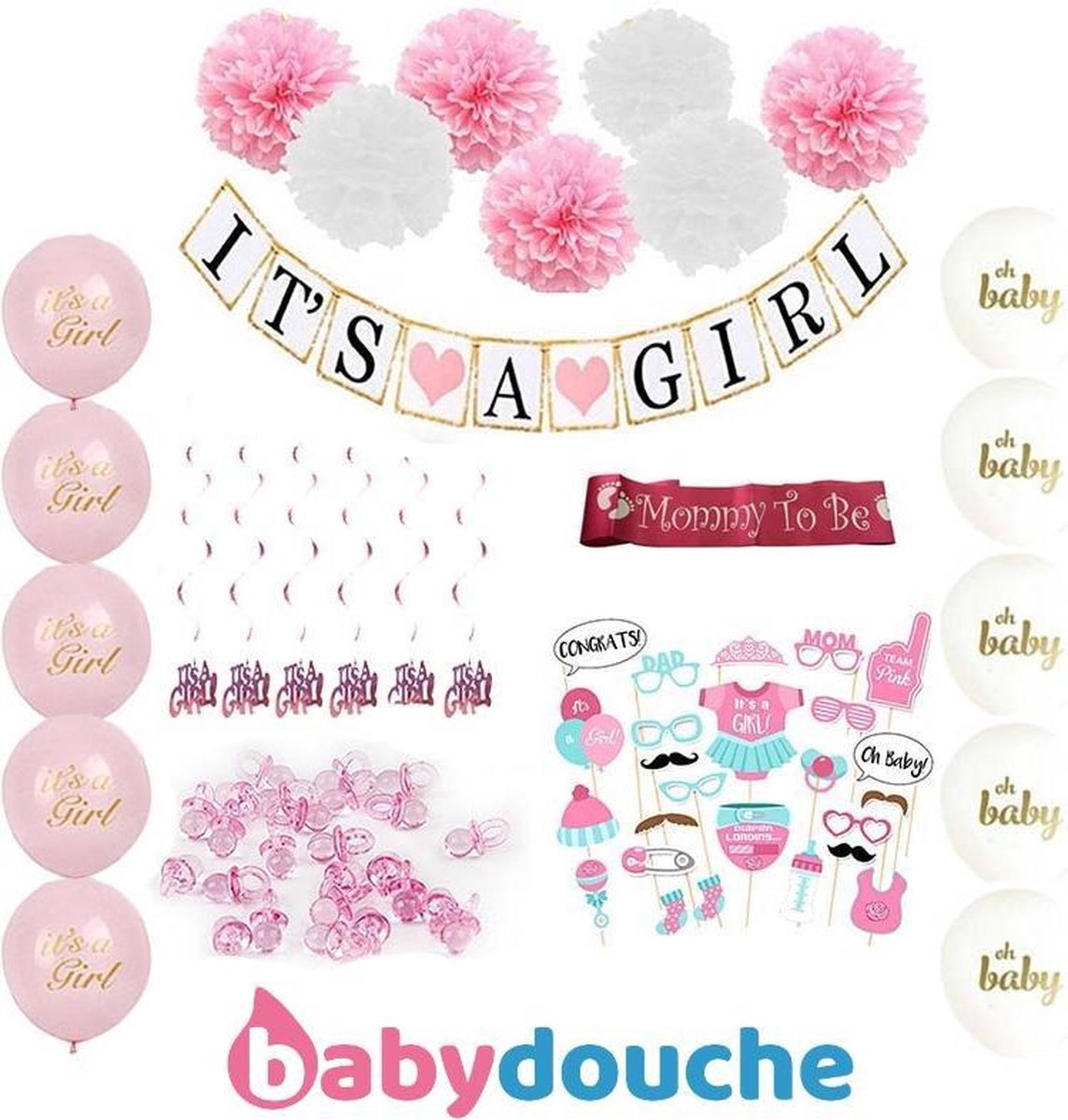 Babydouche Babyshower Versiering meisje - baby geboorte decoratie Its a girl - versier pakket roze
