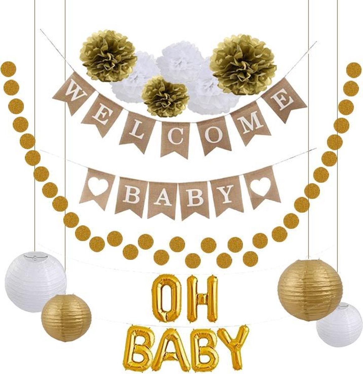 Babyshower versiering - geboorte decoratie - goud wit - OH BABY - baby shower feest pakket - slinger universeel