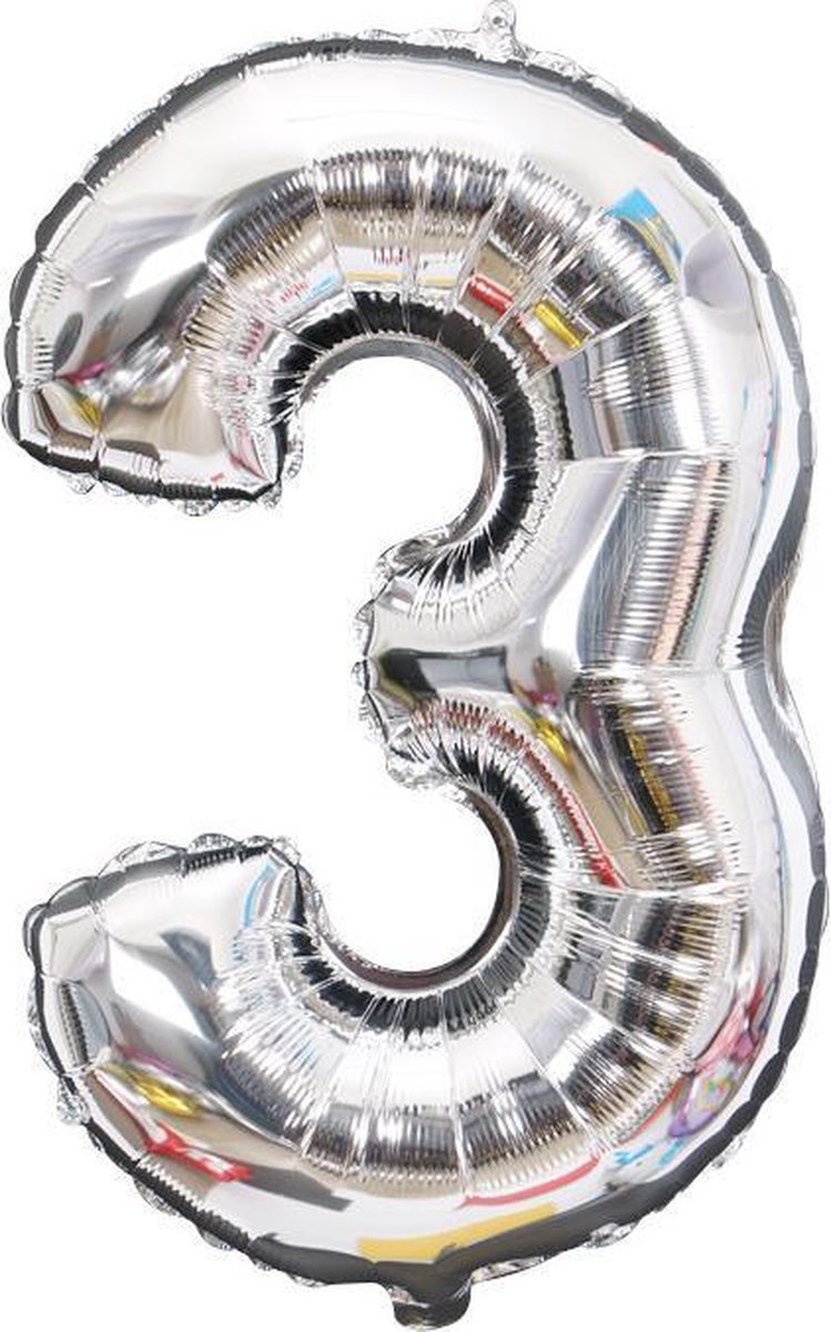 Cijfer ballon 3 jaar - zilver folie helium ballonnen - 100 cm - zilveren drie verjaardag versiering
