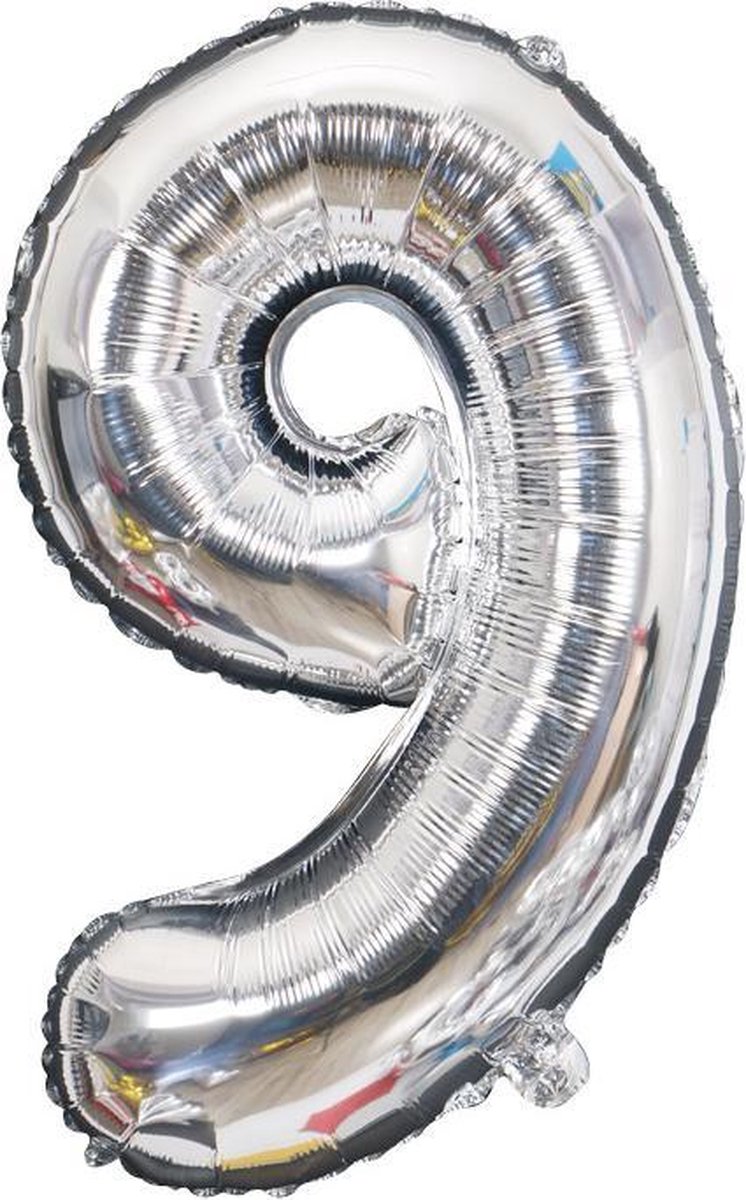 Cijfer ballon 9 jaar - zilver folie helium ballonnen - 100 cm - zilveren negen verjaardag versiering