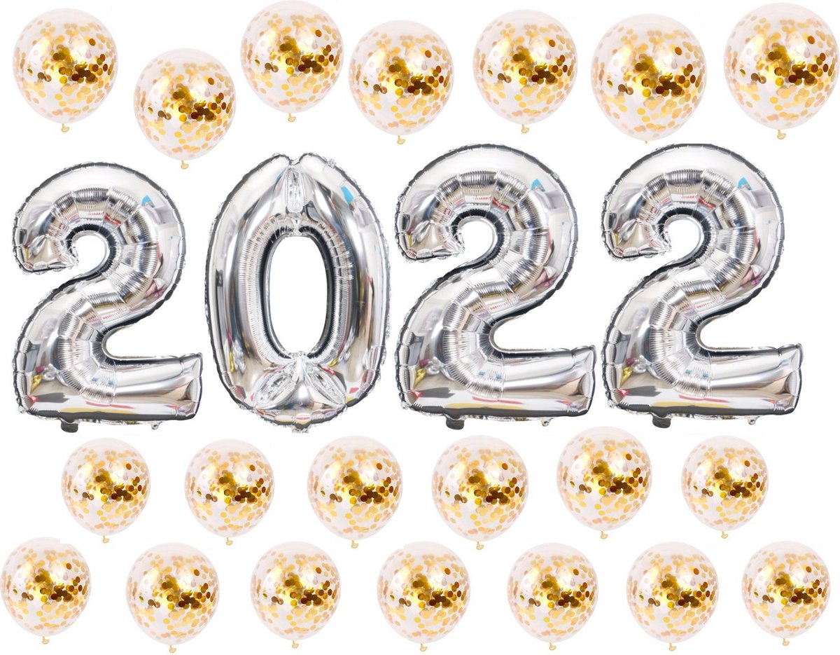 Oud en nieuw feest artikelen zilver - Happy New Year - Babydouche cijfer ballonnen decoratie - 2022 feest versiering