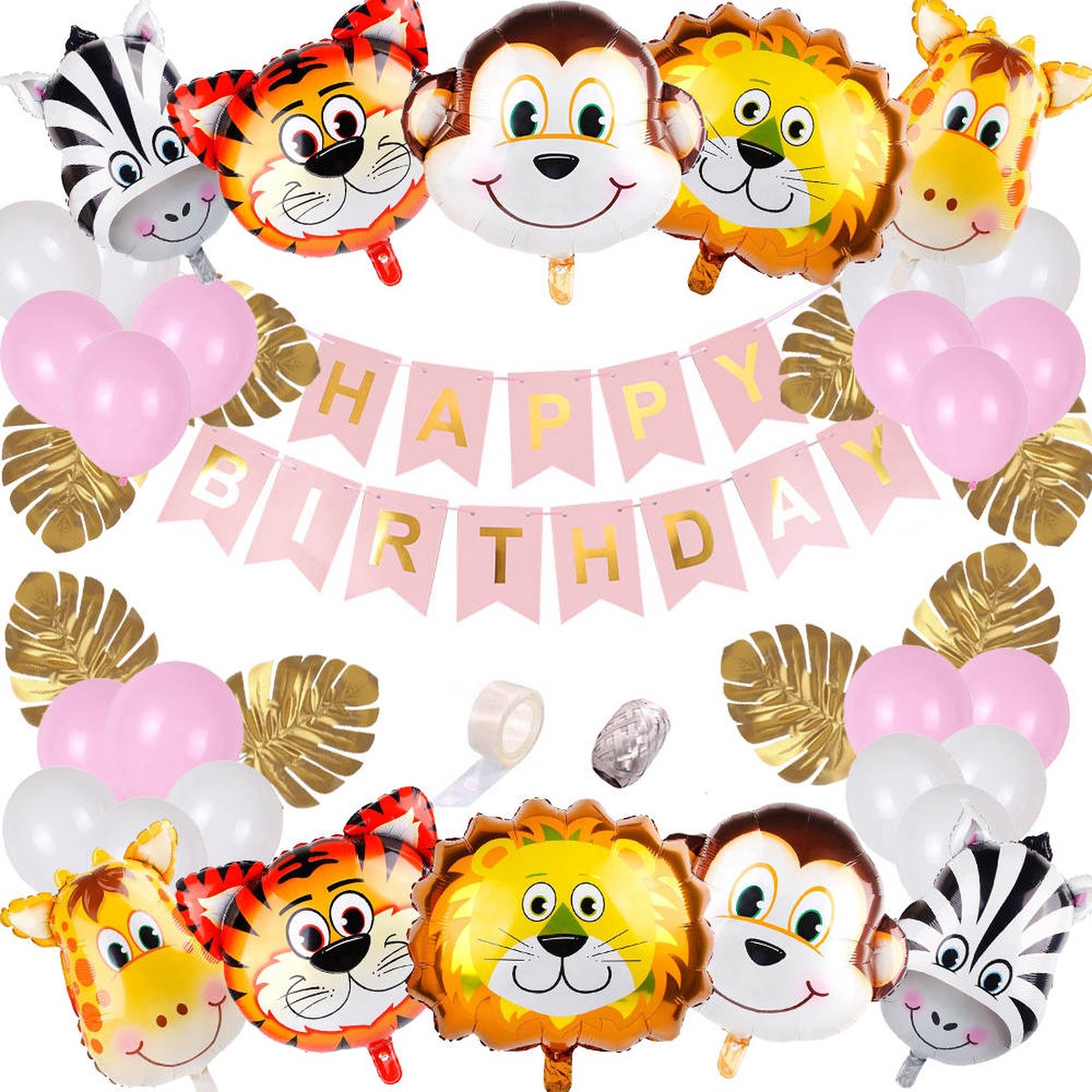Jungle Decoratie Verjaardag Versiering pakket XL - Babydouche Safari Roze Goud - met dieren ballonnen en happy birthday slinger Meisje