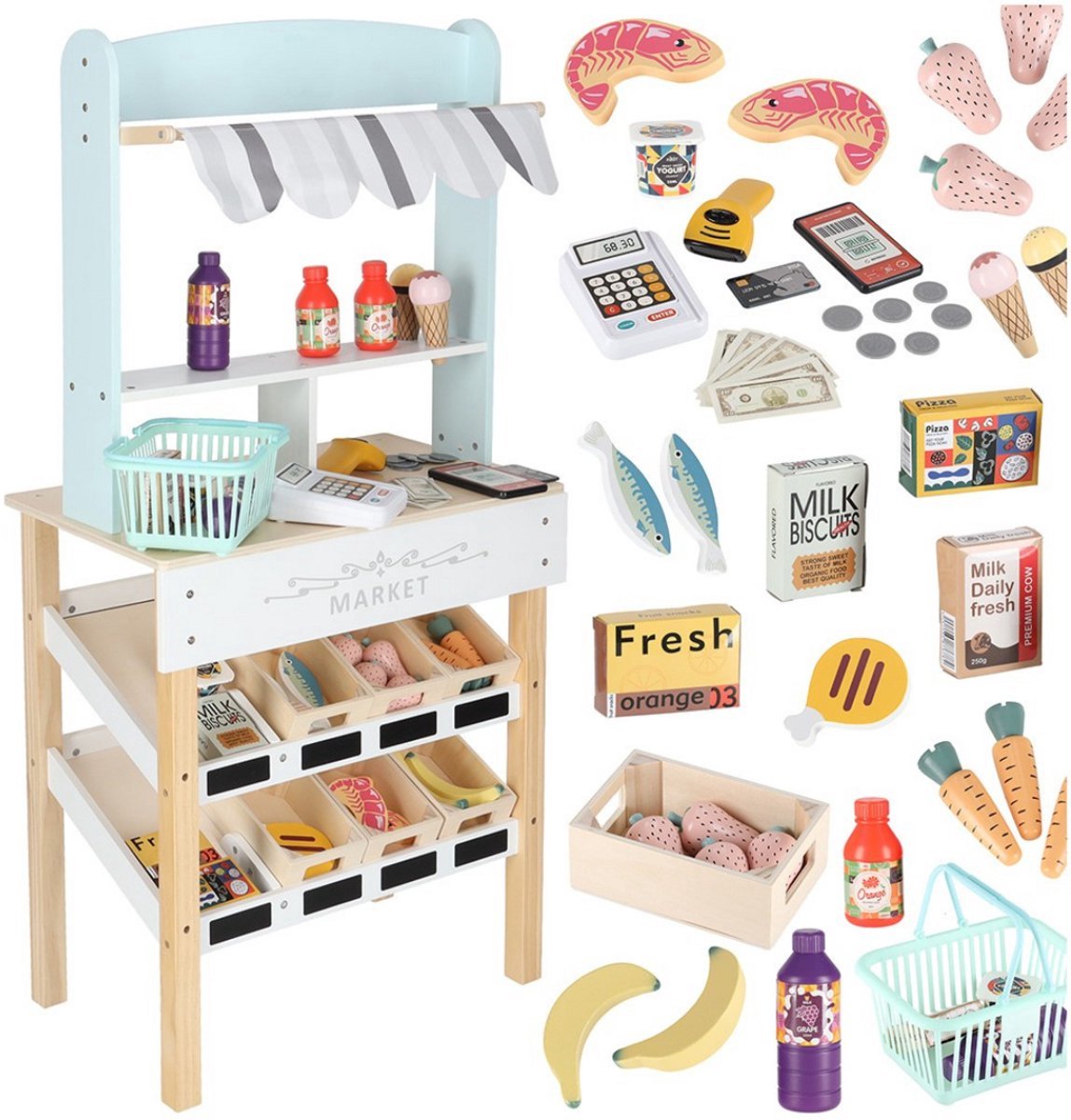 Houten Marktkraam - Inclusief Accessoires - Verkoopkraam - Speelgoedwinkeltje - Rollenspel Speelgoed - Marktkraam Speelset - Speelgoed Kassa